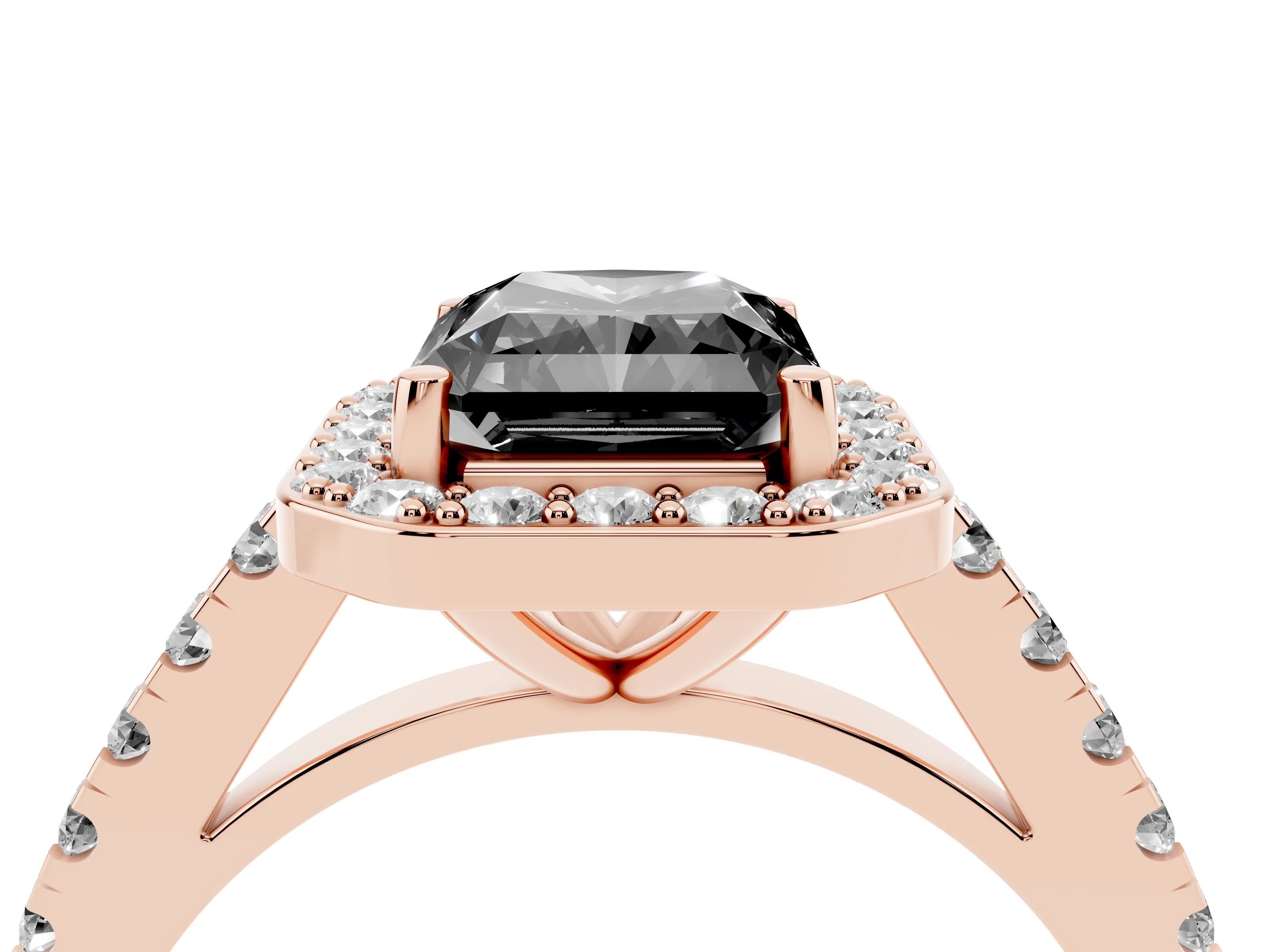 Fancy Black Radiant Cut Diamond Halo Ring Set in Rose gold with Round Pavé Split Shank and Prong Setting