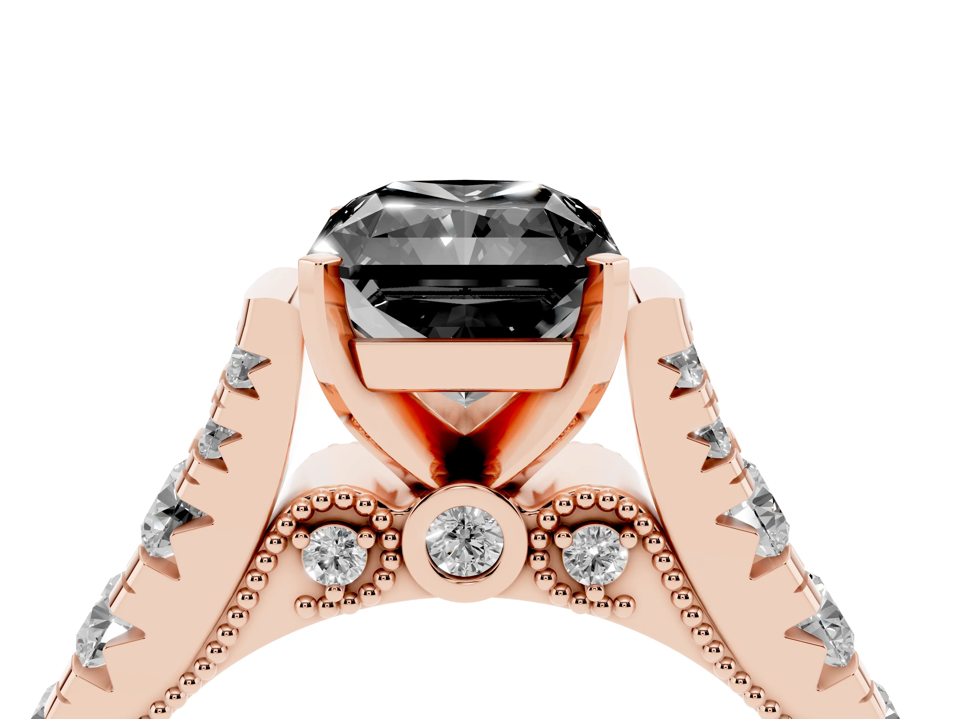 Fancy Black Radiant Cut Diamond Classic Solitaire Ring Set in Rose gold with Pavé Band and Prong Setting