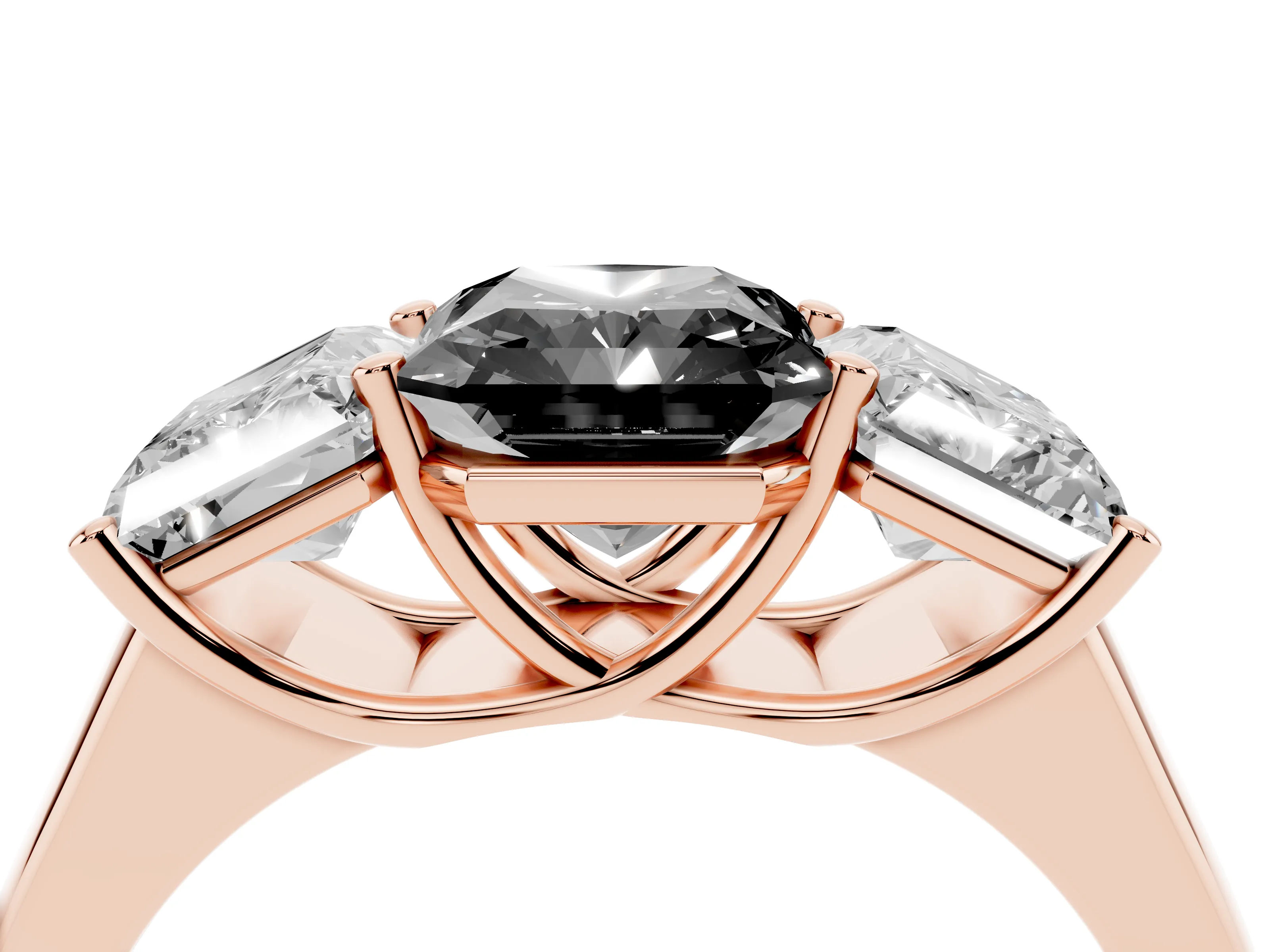 Fancy Black Radiant Cut Diamond Three-Stone Ring Set in Rose gold with Plain Polished Band