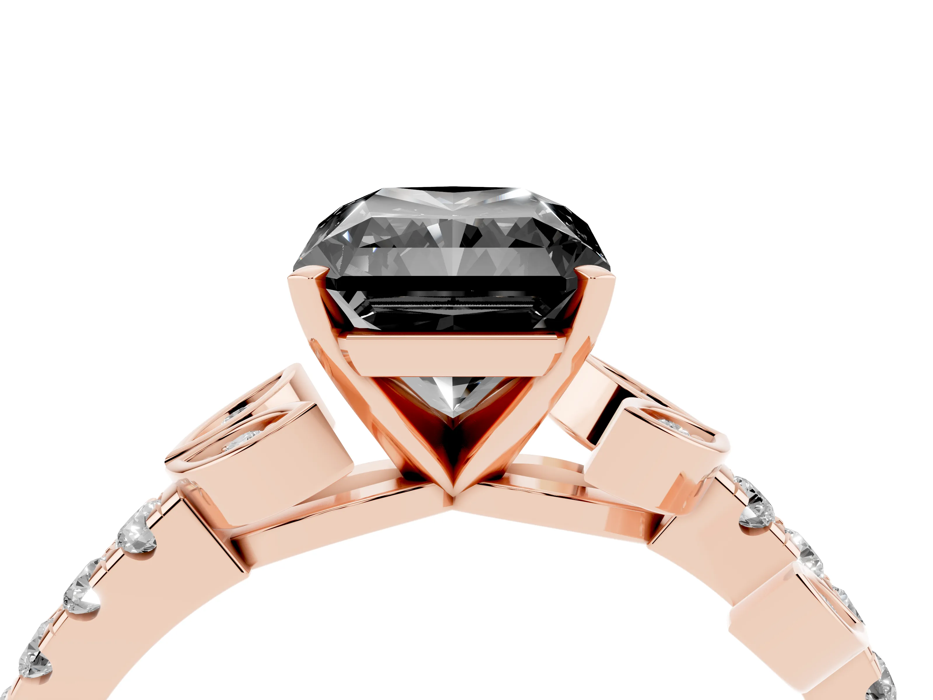 Fancy Black Radiant Cut Diamond Solitaire Leaf-Inspired Ring Set in Rose gold with Pavé Band and Prong Setting