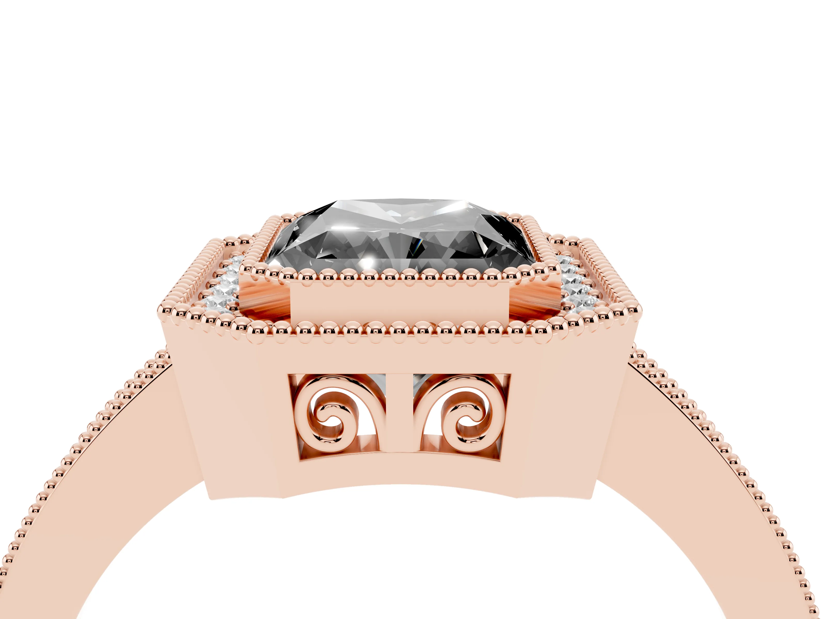 Fancy Black Radiant Cut Diamond Round Halo Ring Set in Rose gold with Pavé Band