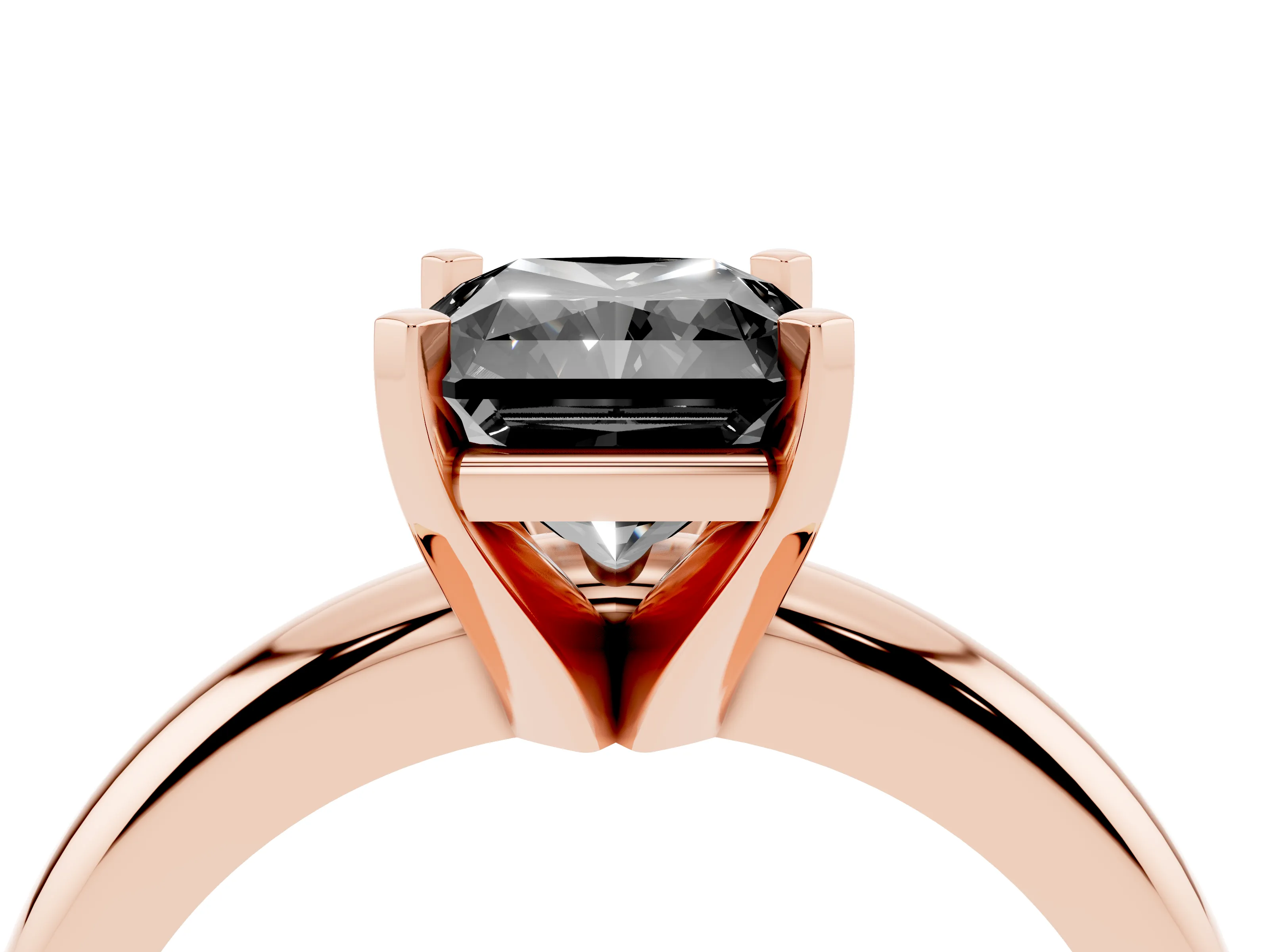 Fancy Black Radiant Cut Diamond Solitaire Engagement Ring Set in Rose gold with Round Band and Prong Setting