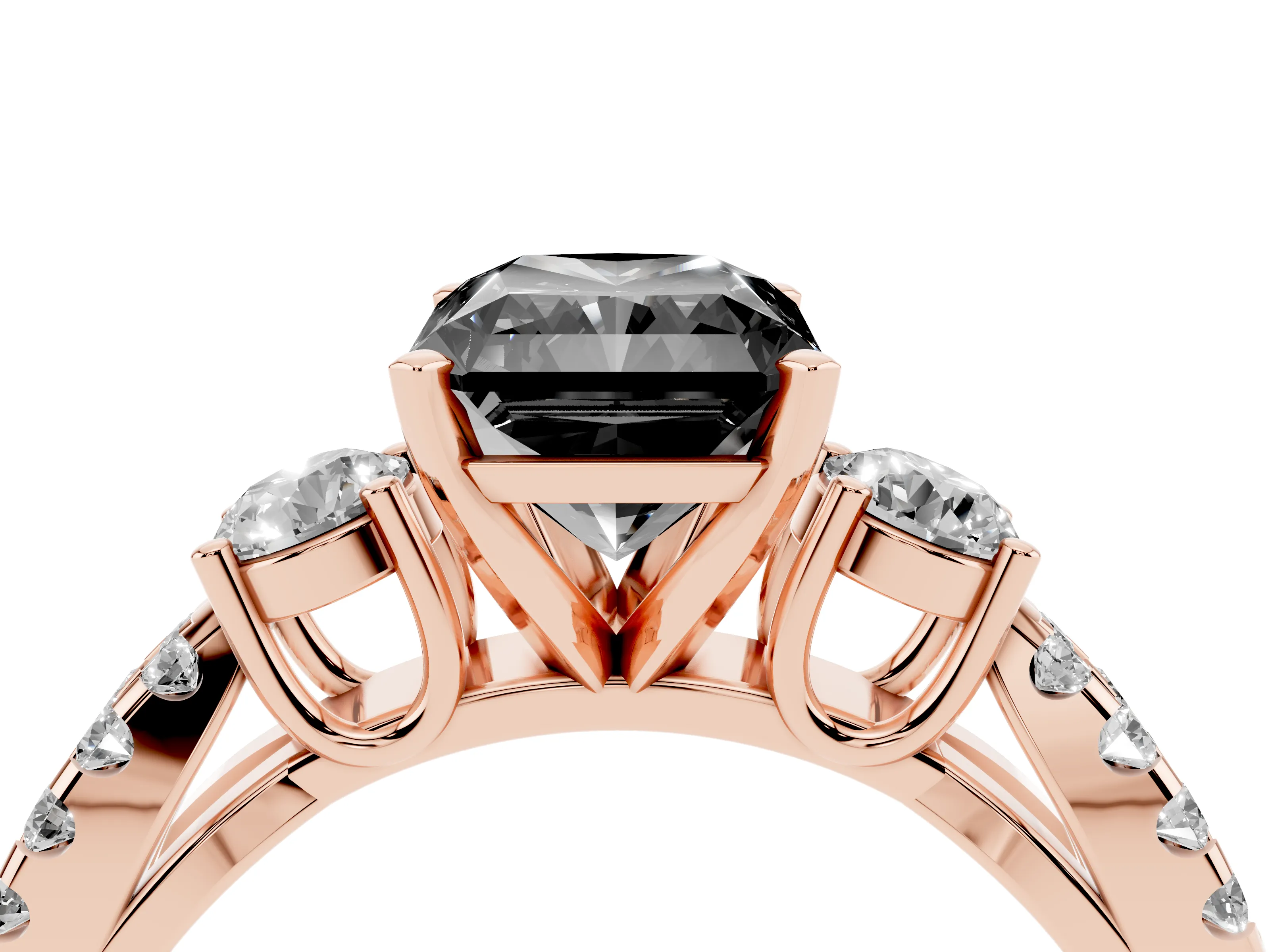 Fancy Black Radiant Cut Diamond Three-Stone Ring Set in Rose gold with Pavé Split Shank and Prong Setting