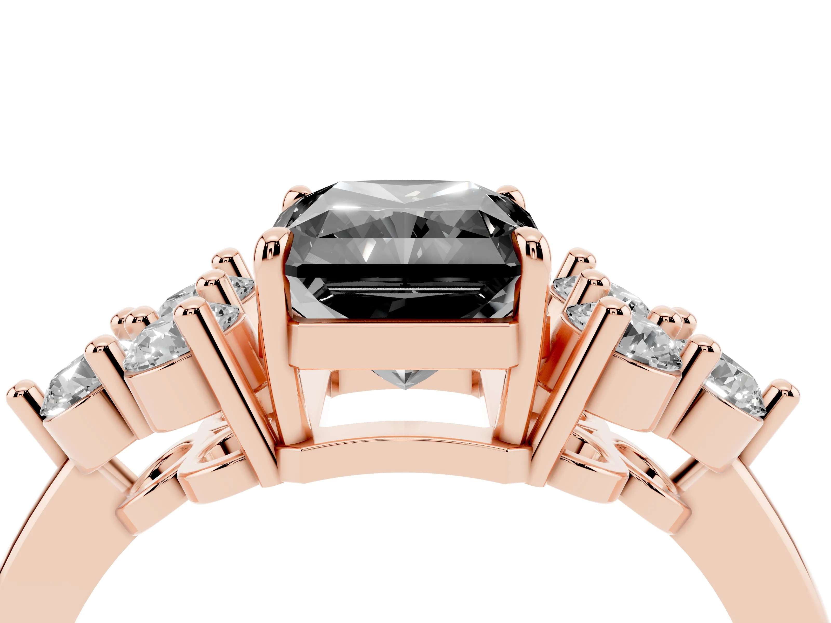 Fancy Black Radiant Cut Diamond Solitaire Ring Set in Rose gold with Cluster Accents on Each Side