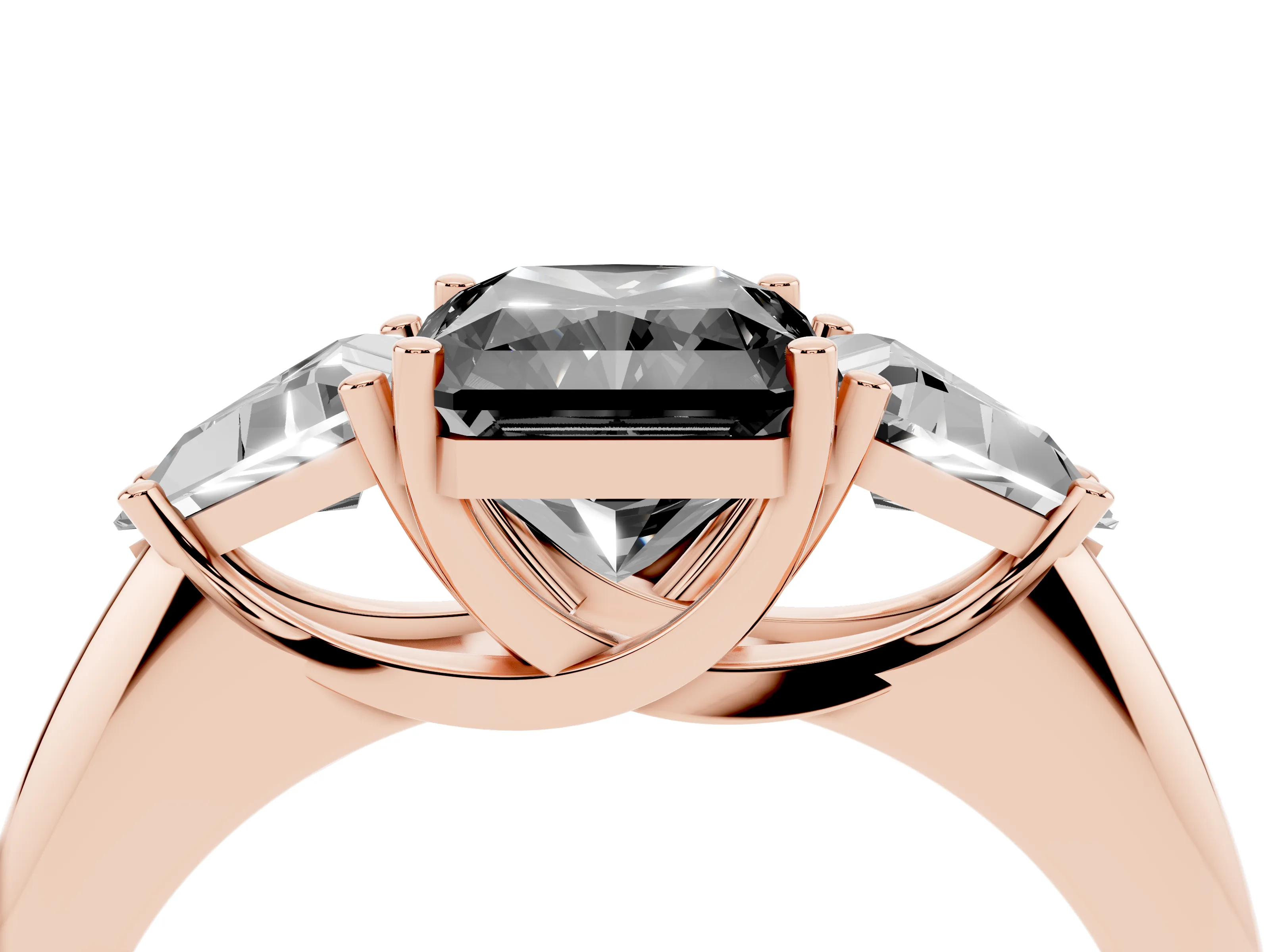 Fancy Black Radiant Cut Diamond Three-Stone Engagement Ring Set in Rose gold with Trillion Side Stones
