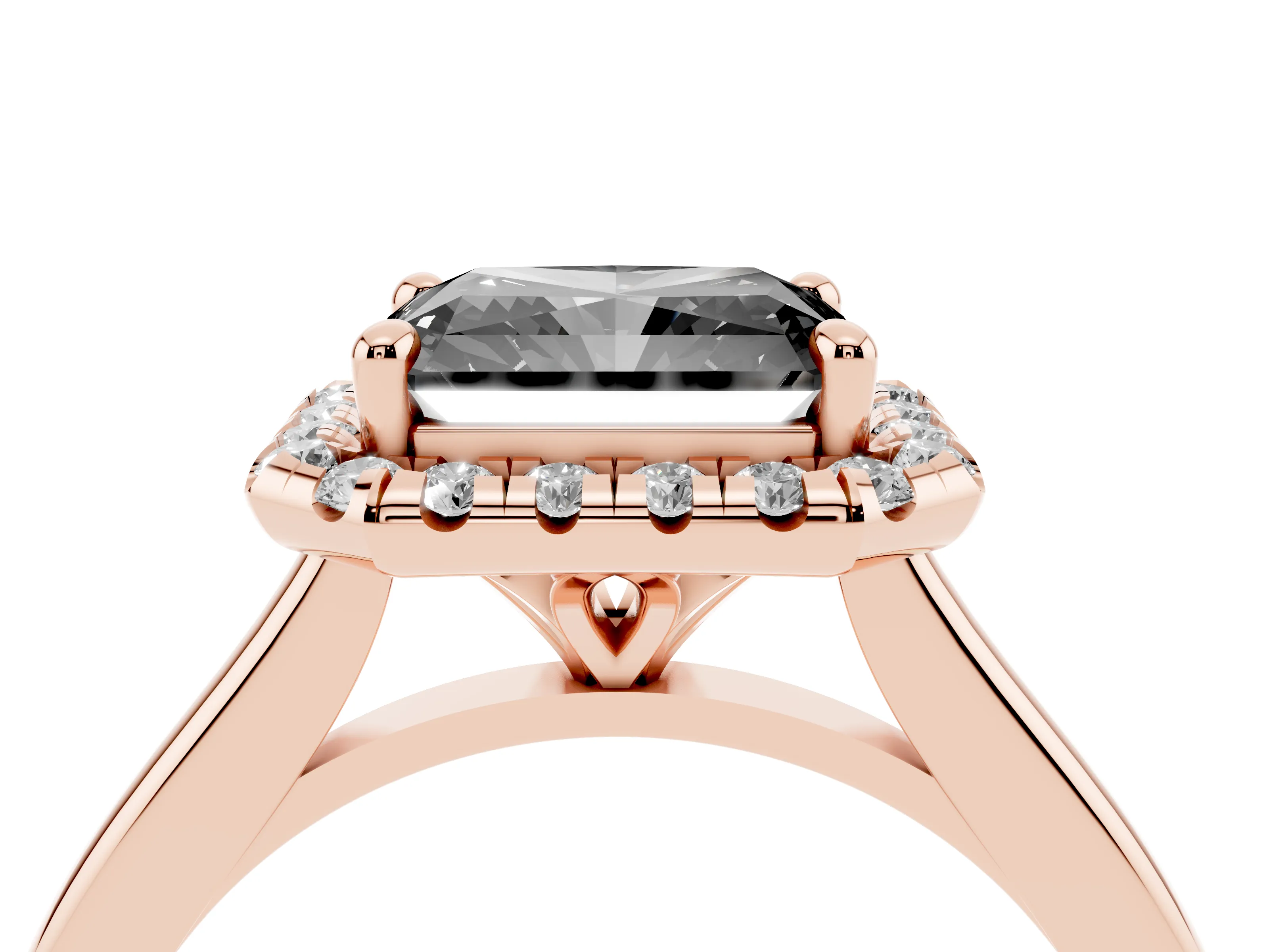 Fancy Black Radiant Cut Diamond Halo Engagement Ring Set in Rose gold with Pavé Band and Rising Shoulders