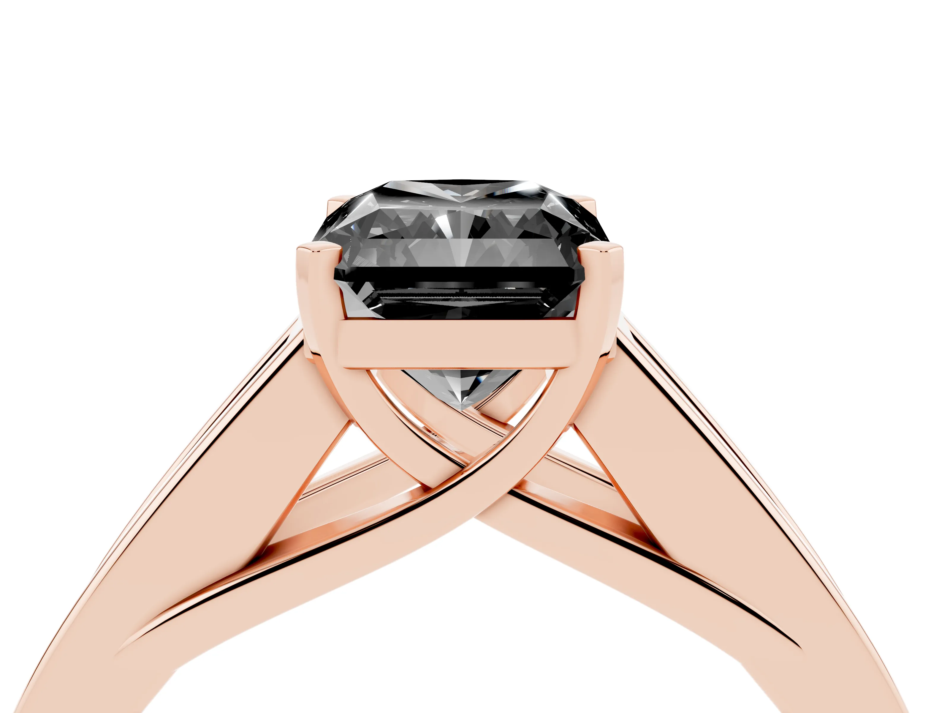 Fancy Black Radiant Cut Diamond Solitaire Ring Set in Rose gold with Channel-Set Accent Stones and Prong Setting