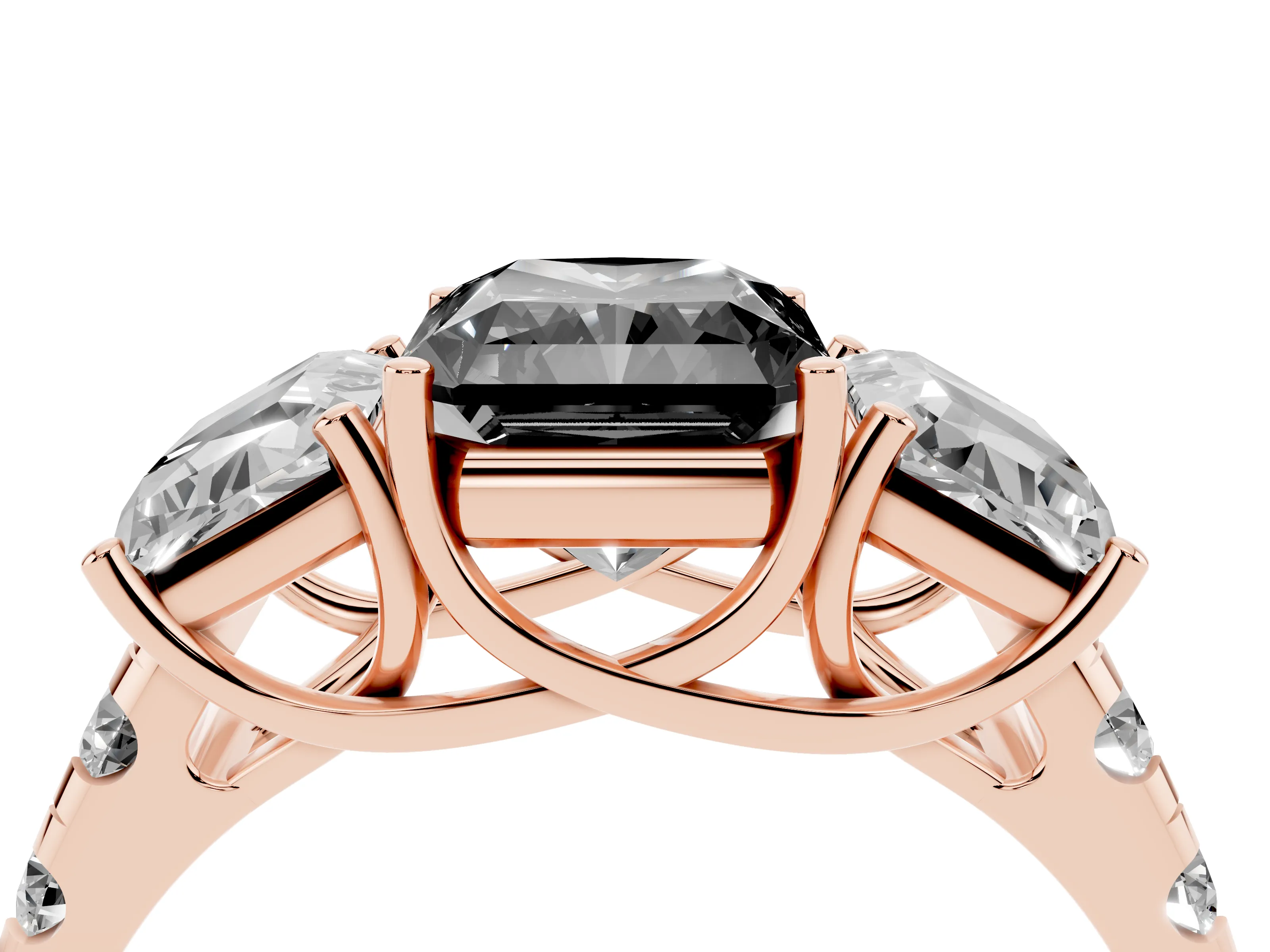 Fancy Black Radiant Cut Diamond Three-Stone Ring Set in Rose gold with Pavé Band