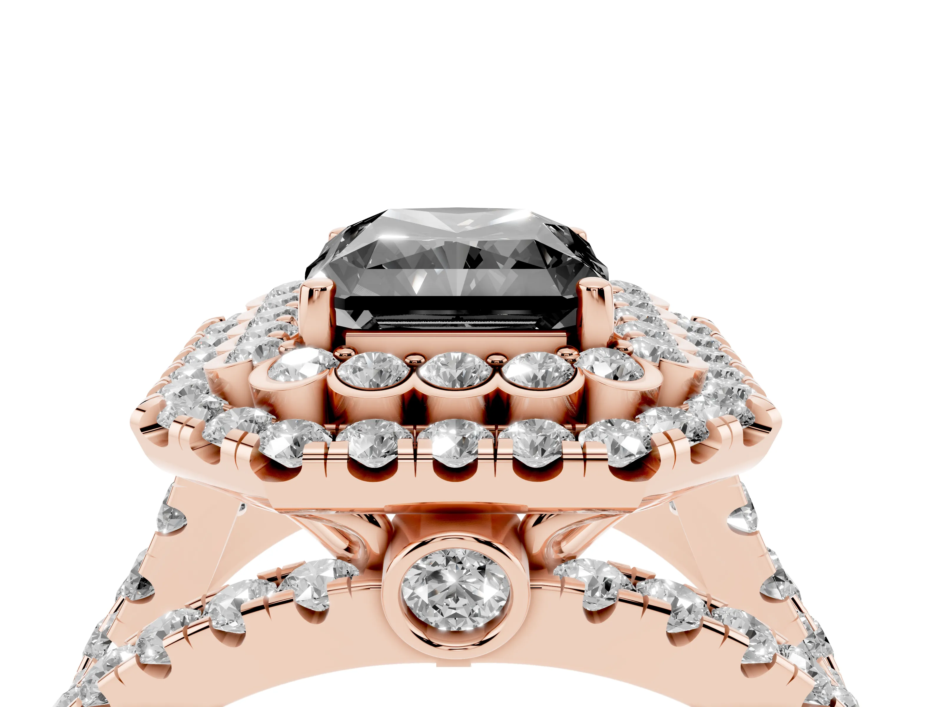 Fancy Black Radiant Cut Diamond Double Halo Ring Set in Rose gold with Round Pavé Split Shank