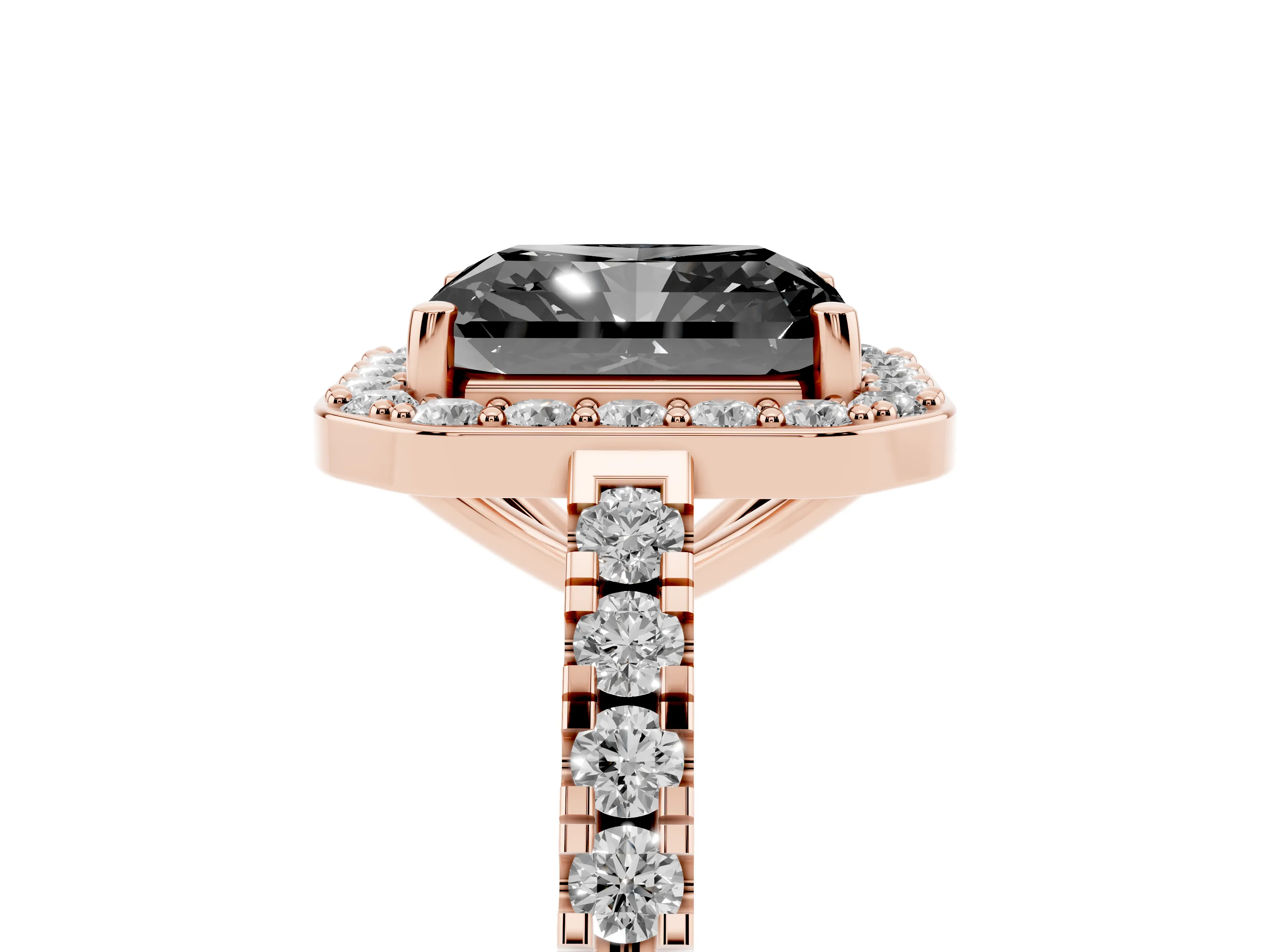 Fancy Black Radiant Cut Diamond Halo Ring Set in Rose gold with Round Pavé Split Shank and Prong Setting