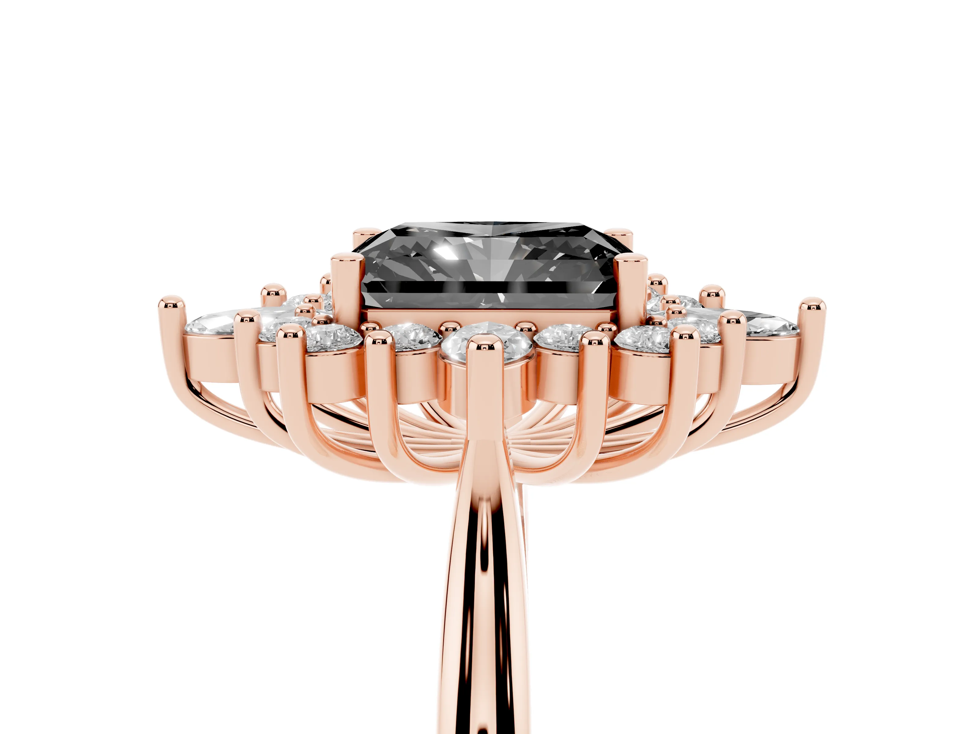 Fancy Black Radiant Cut Diamond Cluster Halo Ring Set in Rose gold with Marquise and Round Accents