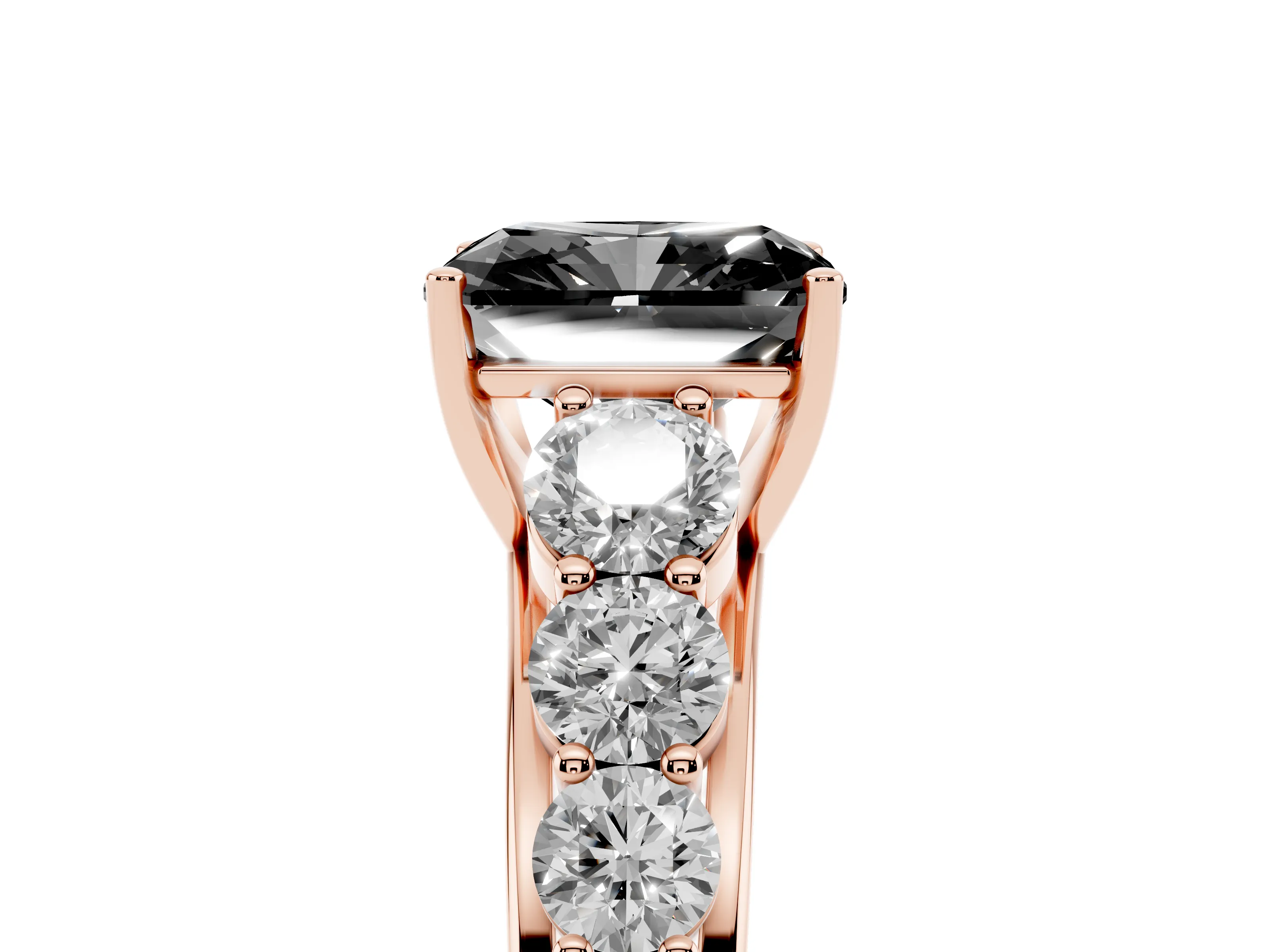 Fancy Black Radiant Cut Diamond Solitaire Ring Set in Rose gold with Pavé-Set Band and Prong Setting