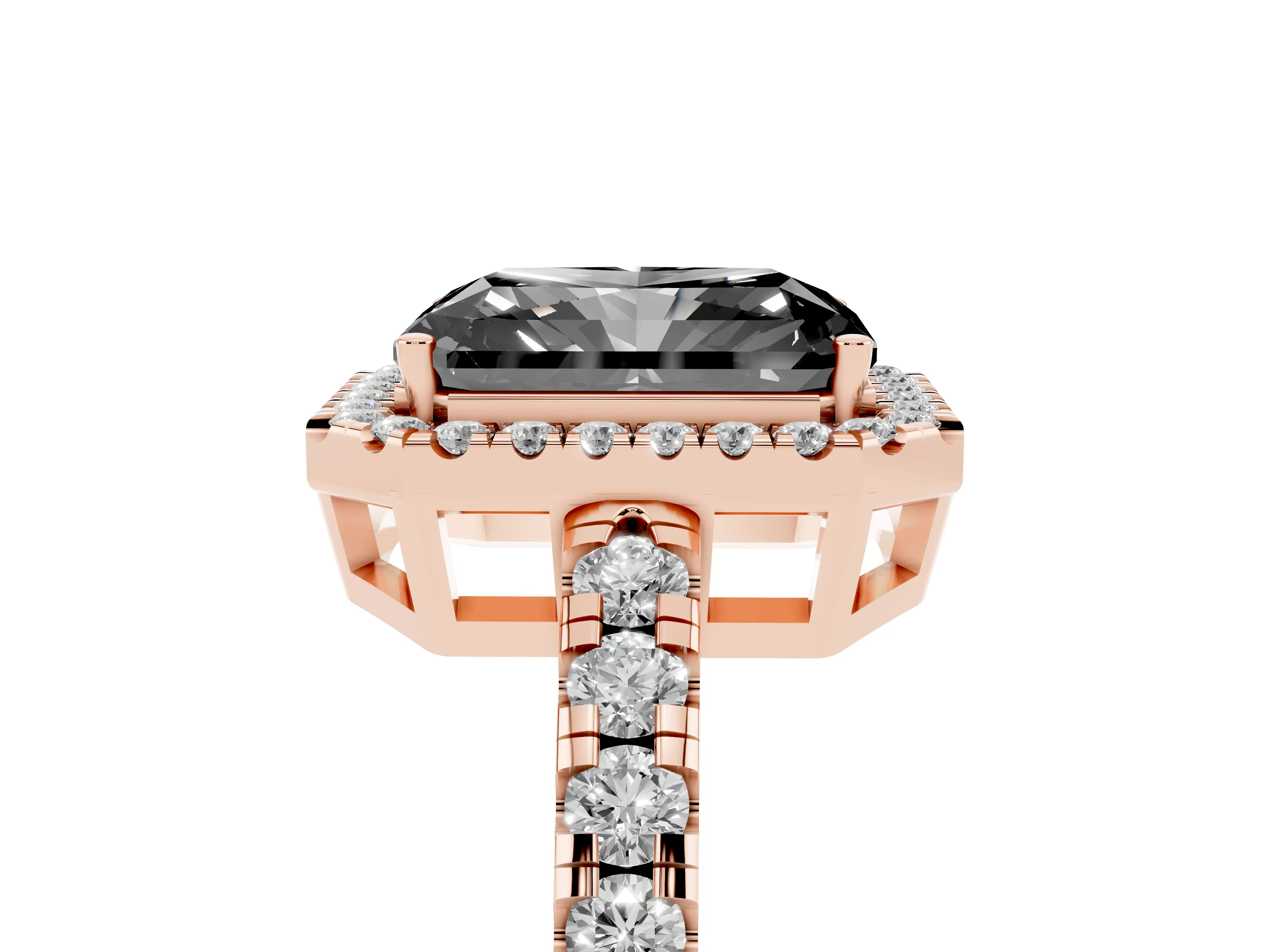 Fancy Black Radiant Cut Diamond Halo Ring Set in Rose gold with Delicate Pavé Band and Prong Setting