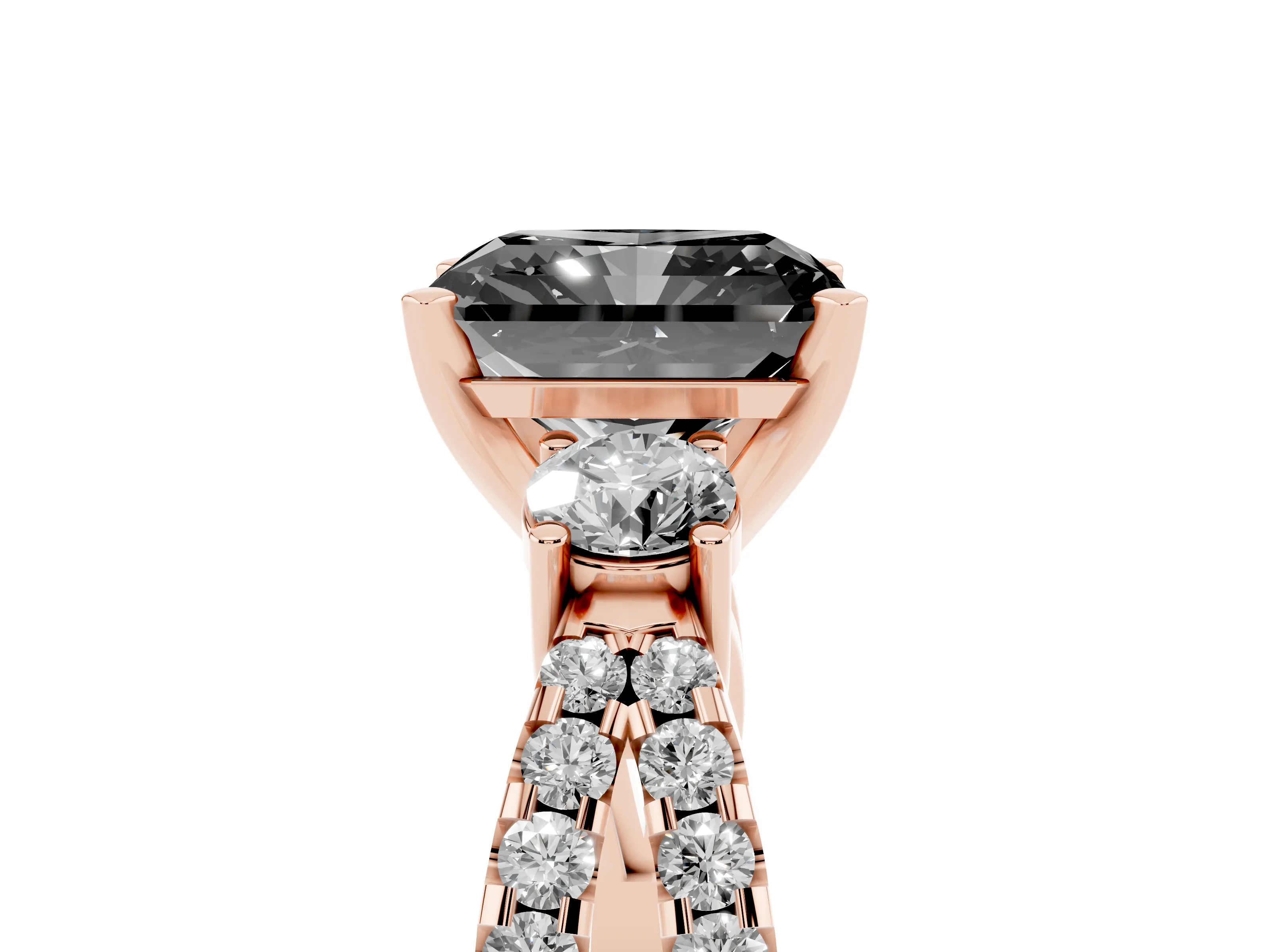 Fancy Black Radiant Cut Diamond Three-Stone Ring Set in Rose gold with Pavé Split Shank and Prong Setting
