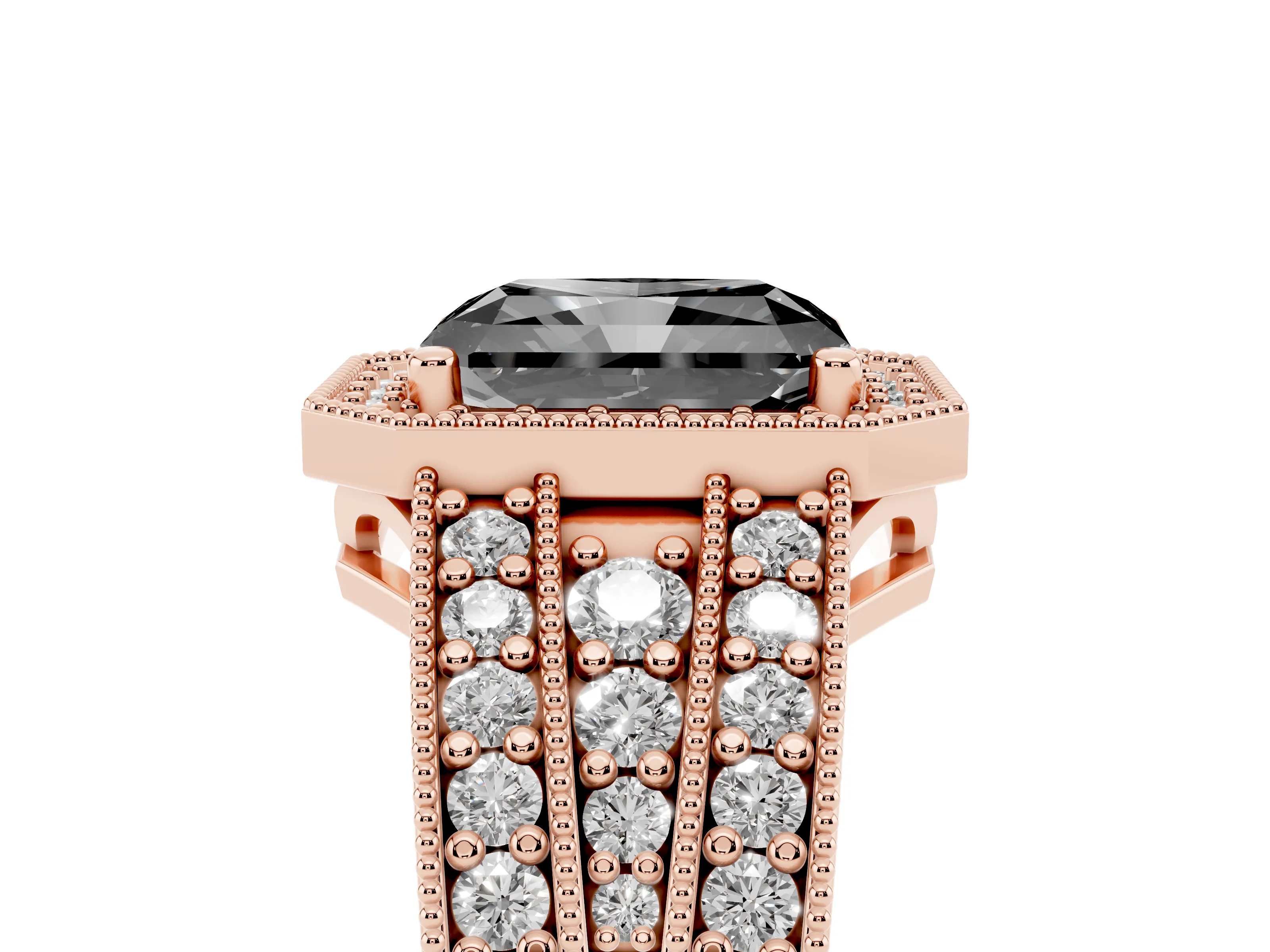 Fancy Black Radiant Cut Diamond Halo Ring Set in Rose gold with Accent Split Shank and Prong Setting