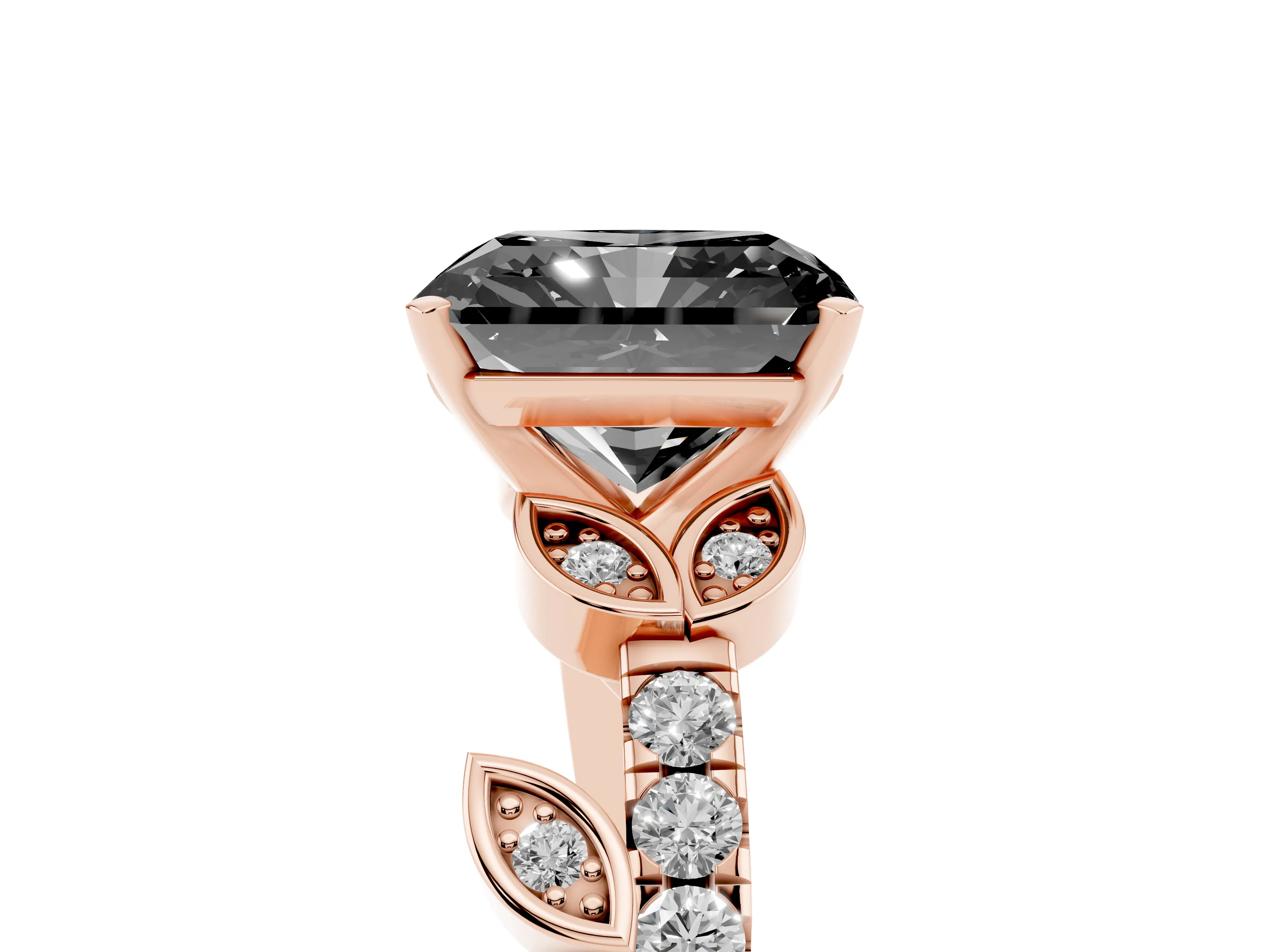 Fancy Black Radiant Cut Diamond Solitaire Leaf-Inspired Ring Set in Rose gold with Pavé Band and Prong Setting