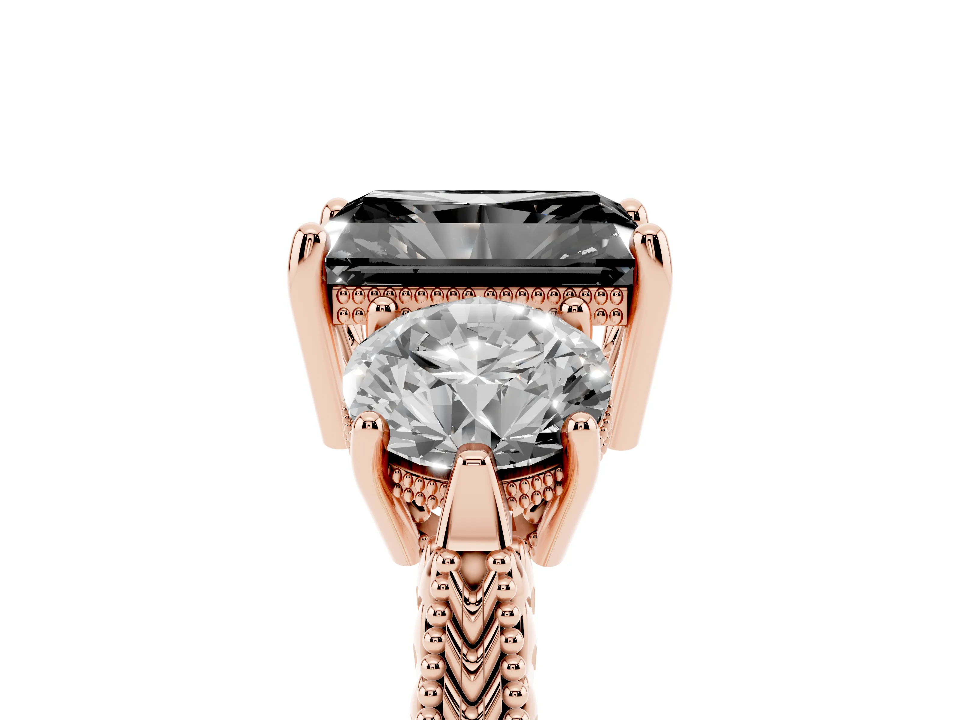 Fancy Black Radiant Cut Diamond Three-Stone Ring Set in Rose gold with Milgrain Band