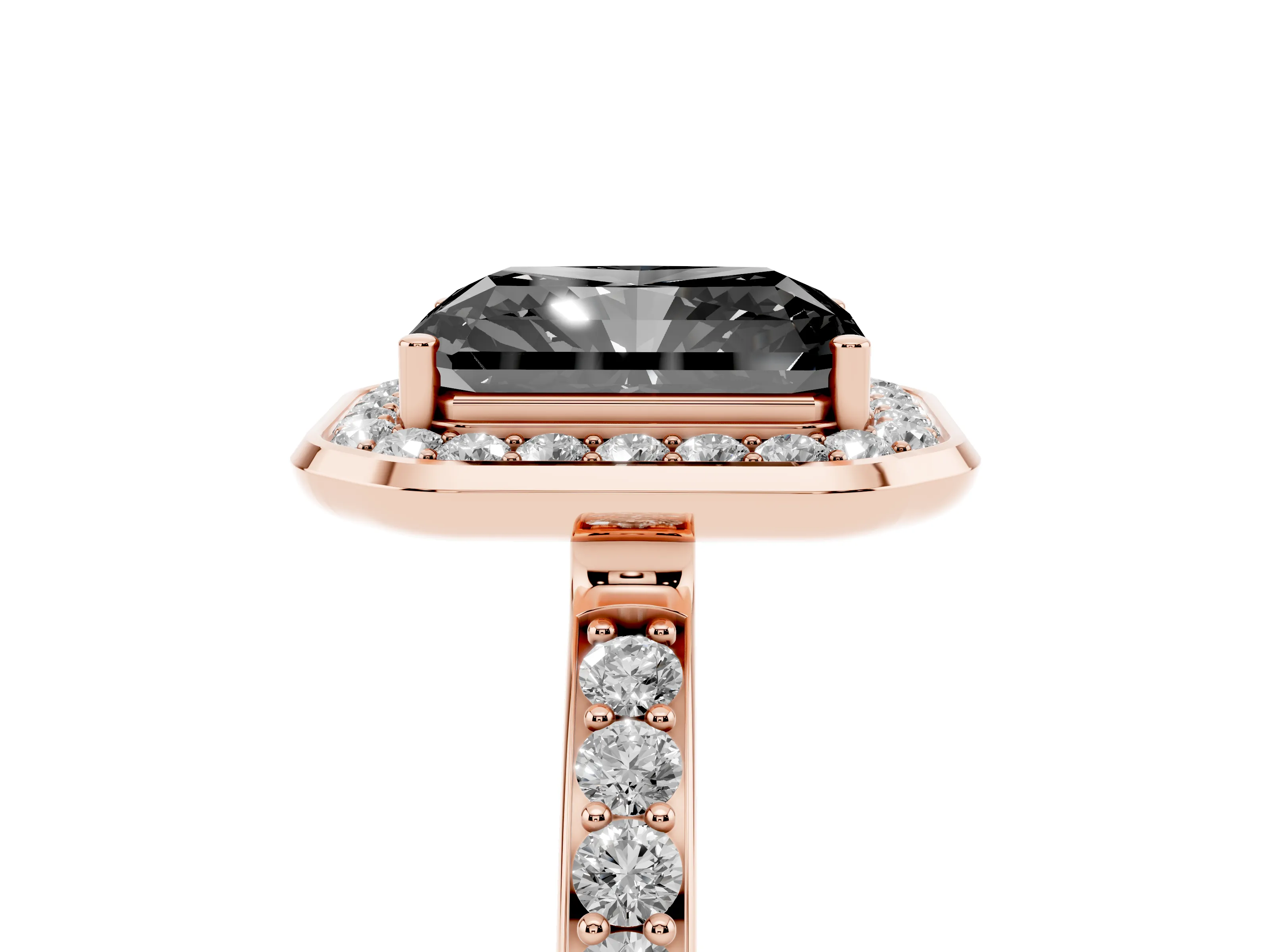 Fancy Black Radiant Cut Diamond Halo Ring Set in Rose gold with Bezel Frame and Pavé Band
