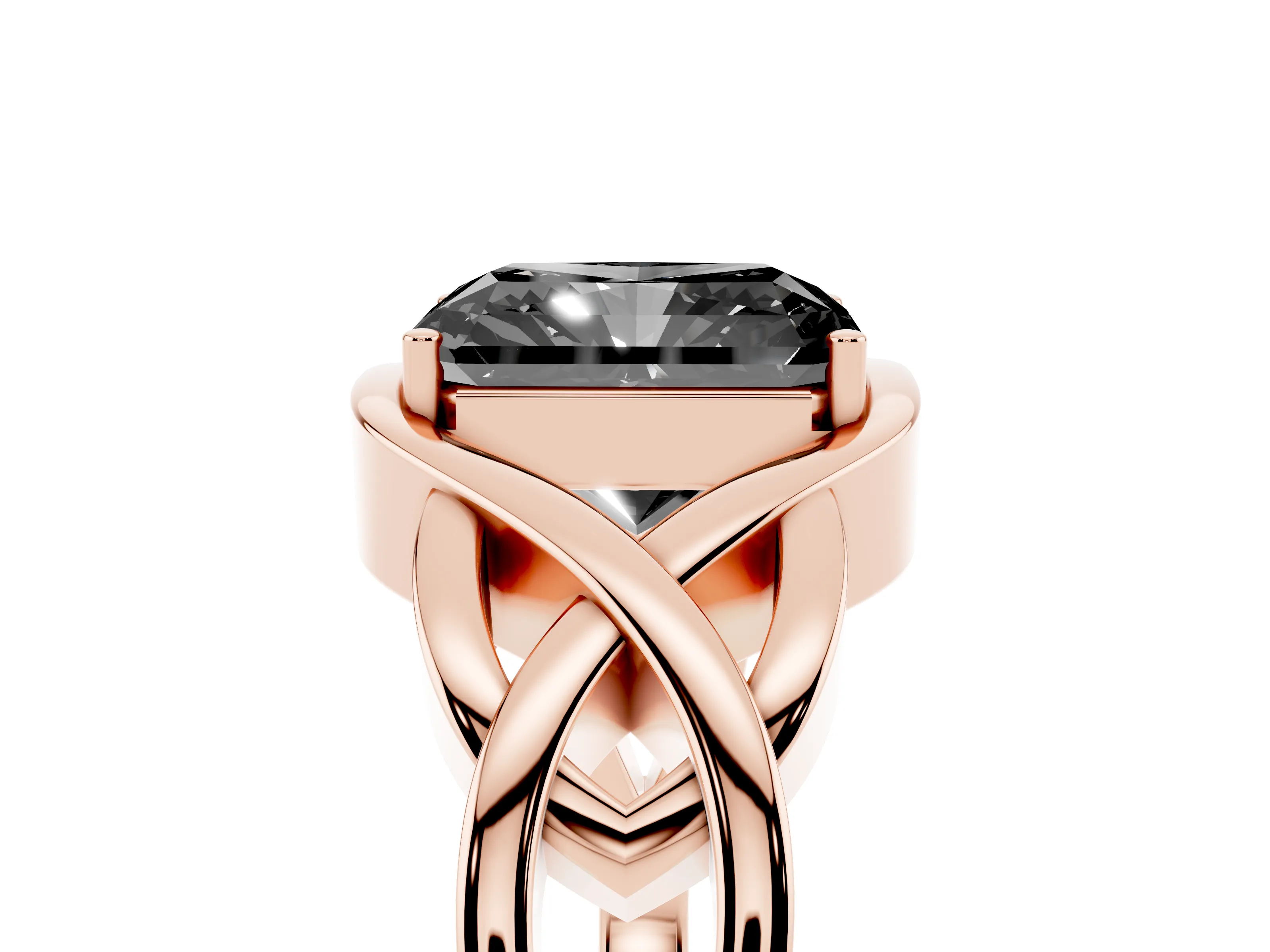 Fancy Black Radiant Cut Diamond Solitaire Ring Set in Rose gold with Intertwined Band