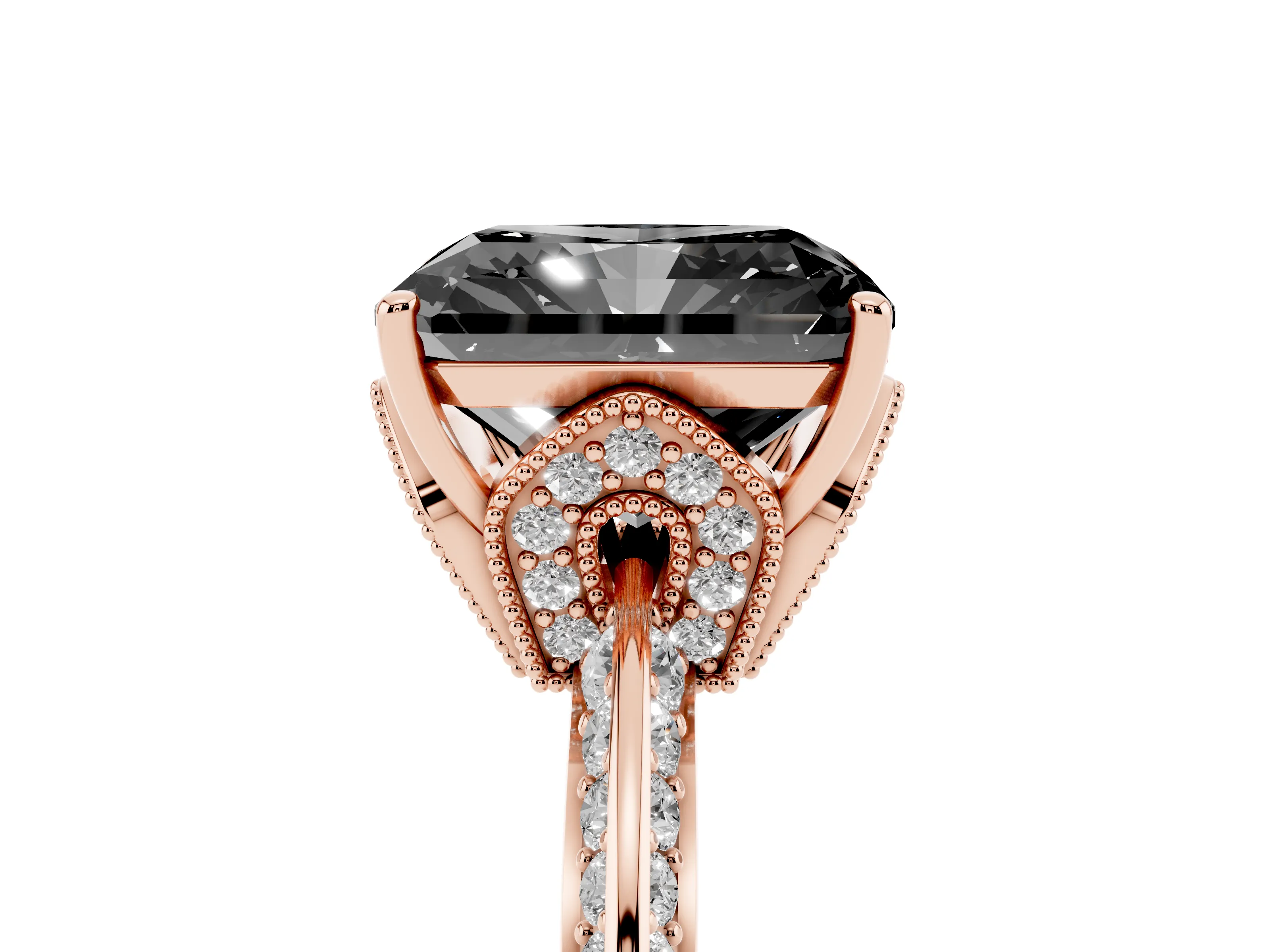 Fancy Black Radiant Cut Diamond Solitaire Engagement Ring Set in Rose gold with Pavé Split Shank and Prong Setting