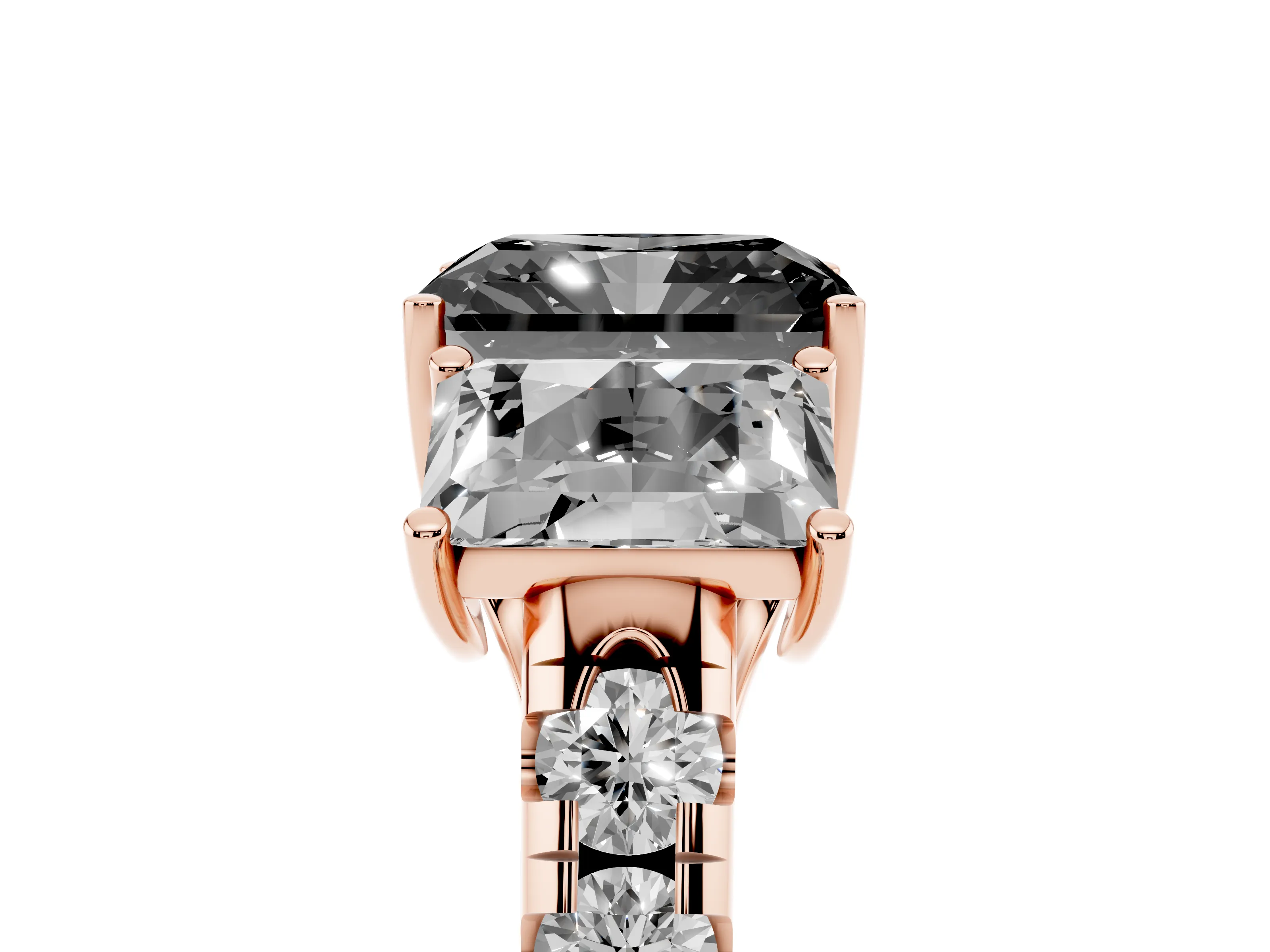 Fancy Black Radiant Cut Diamond Three-Stone Ring Set in Rose gold with Pavé Band