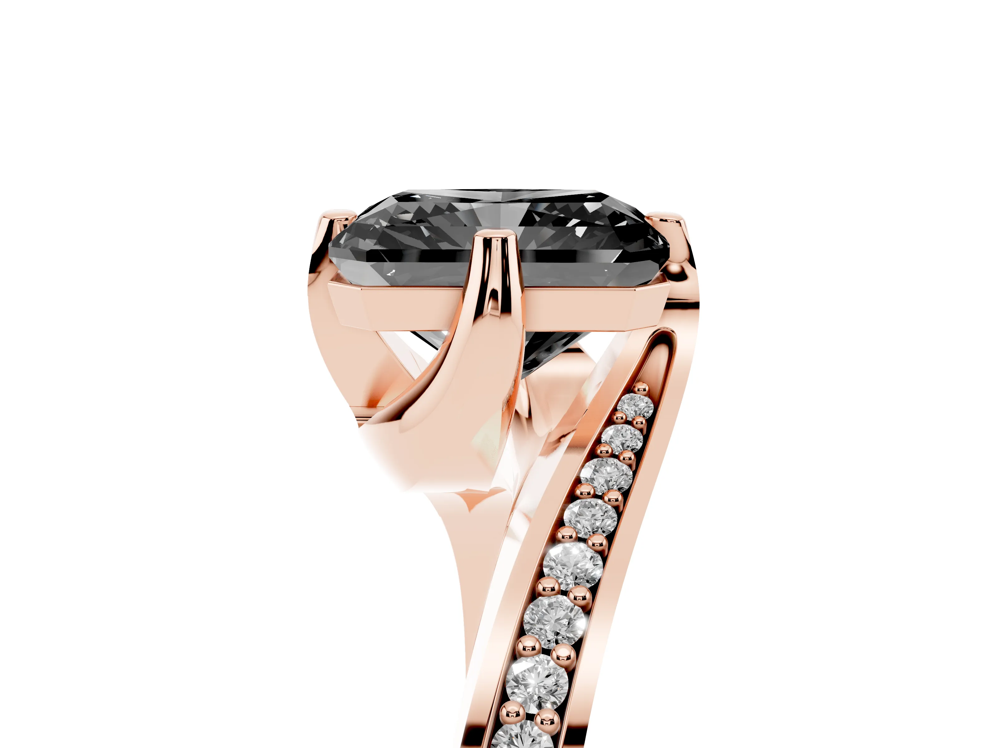 Fancy Black Radiant Cut Diamond Solitaire Ring Set in Rose gold with Intertwined Pavé Twist Band