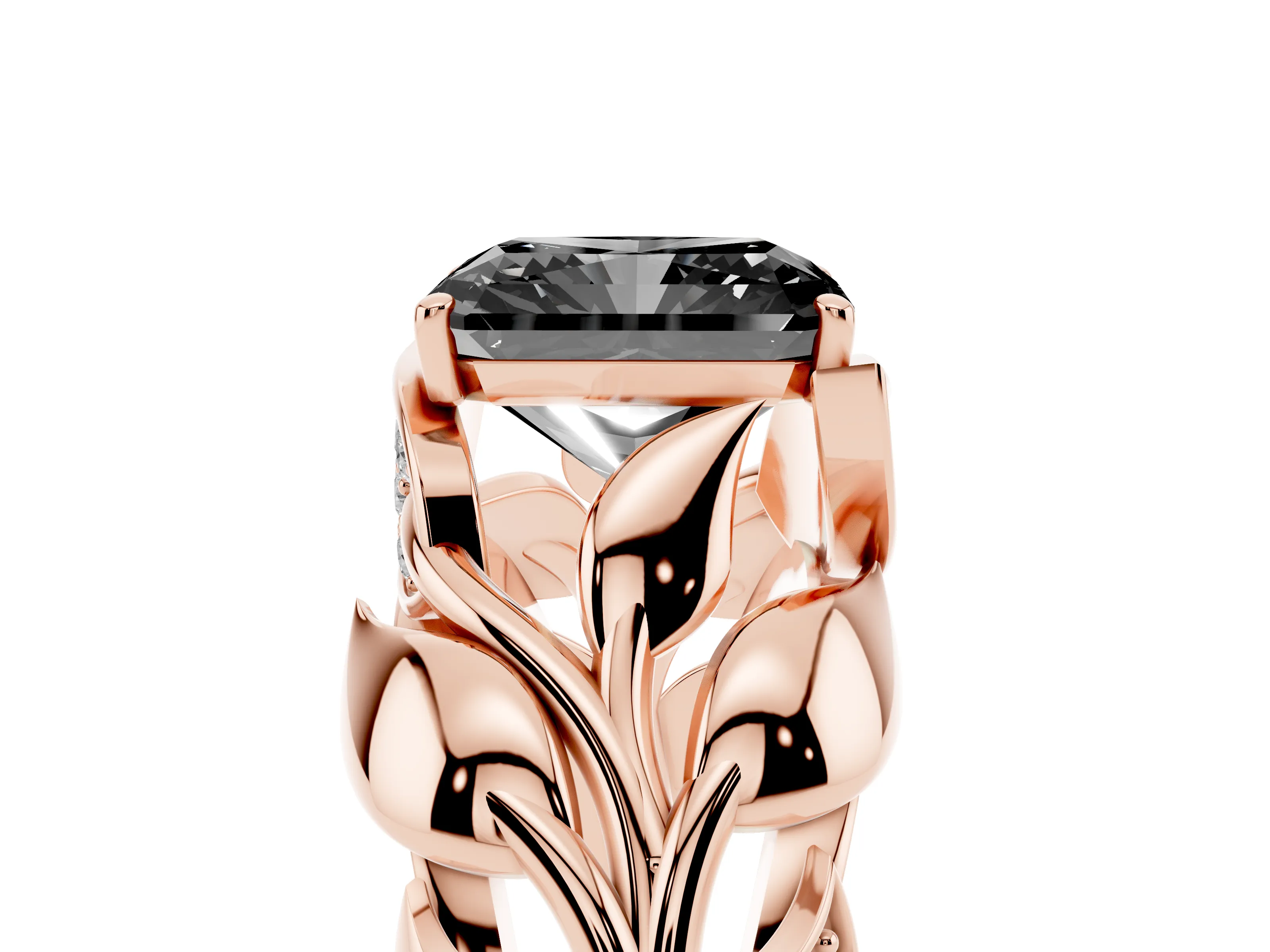 Fancy Black Radiant Cut Diamond Leaf-Inspired Engagement Ring Set in Rose gold with Round Accents