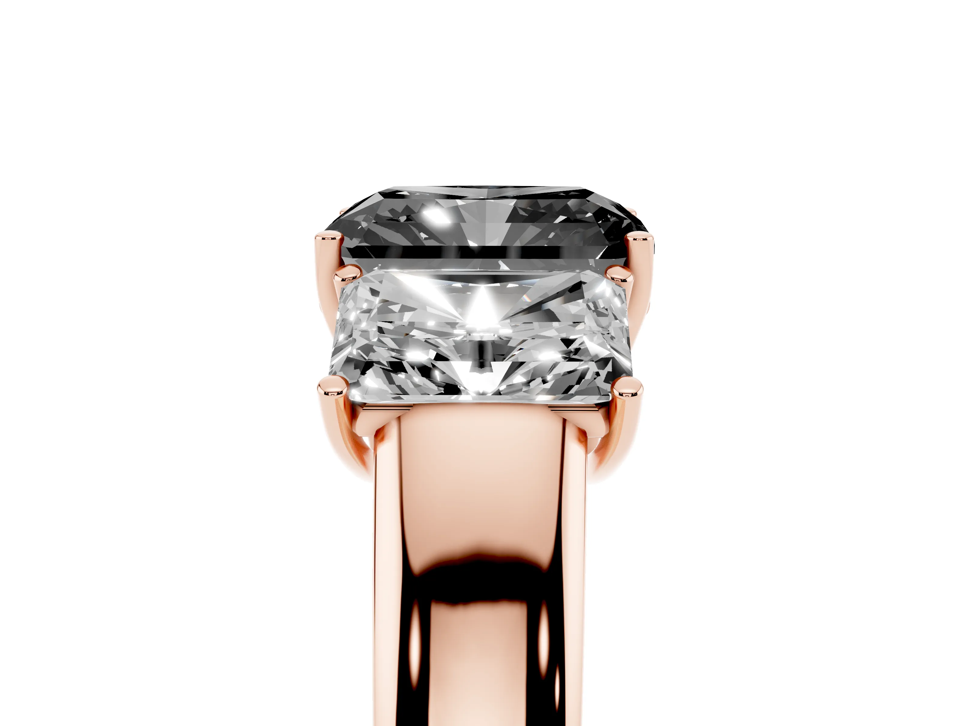 Fancy Black Three-Stone Radiant Cut Diamond Ring Set in Rose gold with Matching Prong Settings and Plain Band