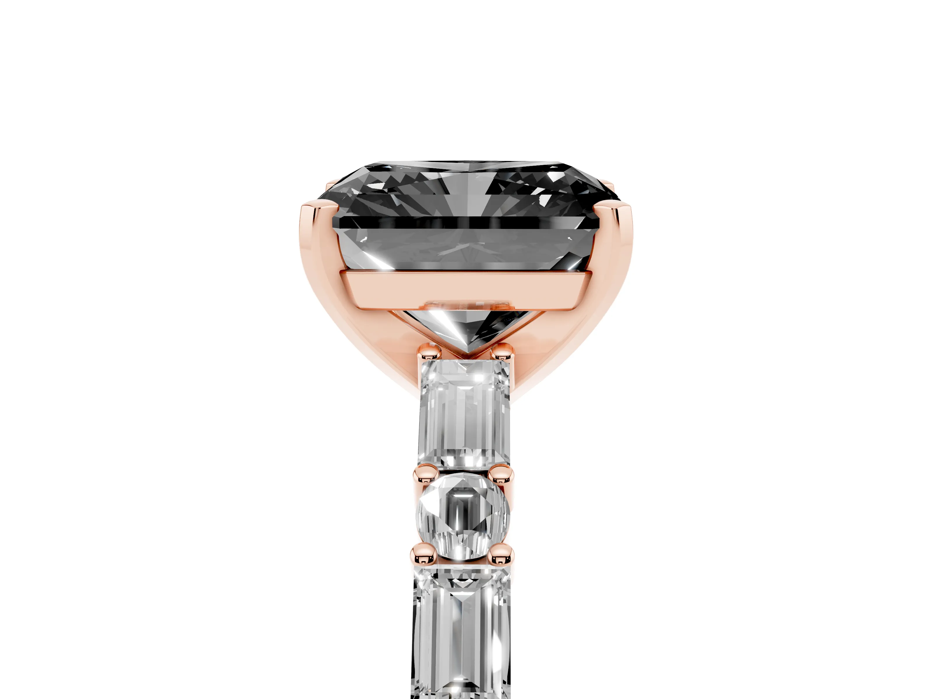 Fancy Black Radiant Cut Diamond Solitaire Set in Rose gold with Side Baguettes and Channel Set Band