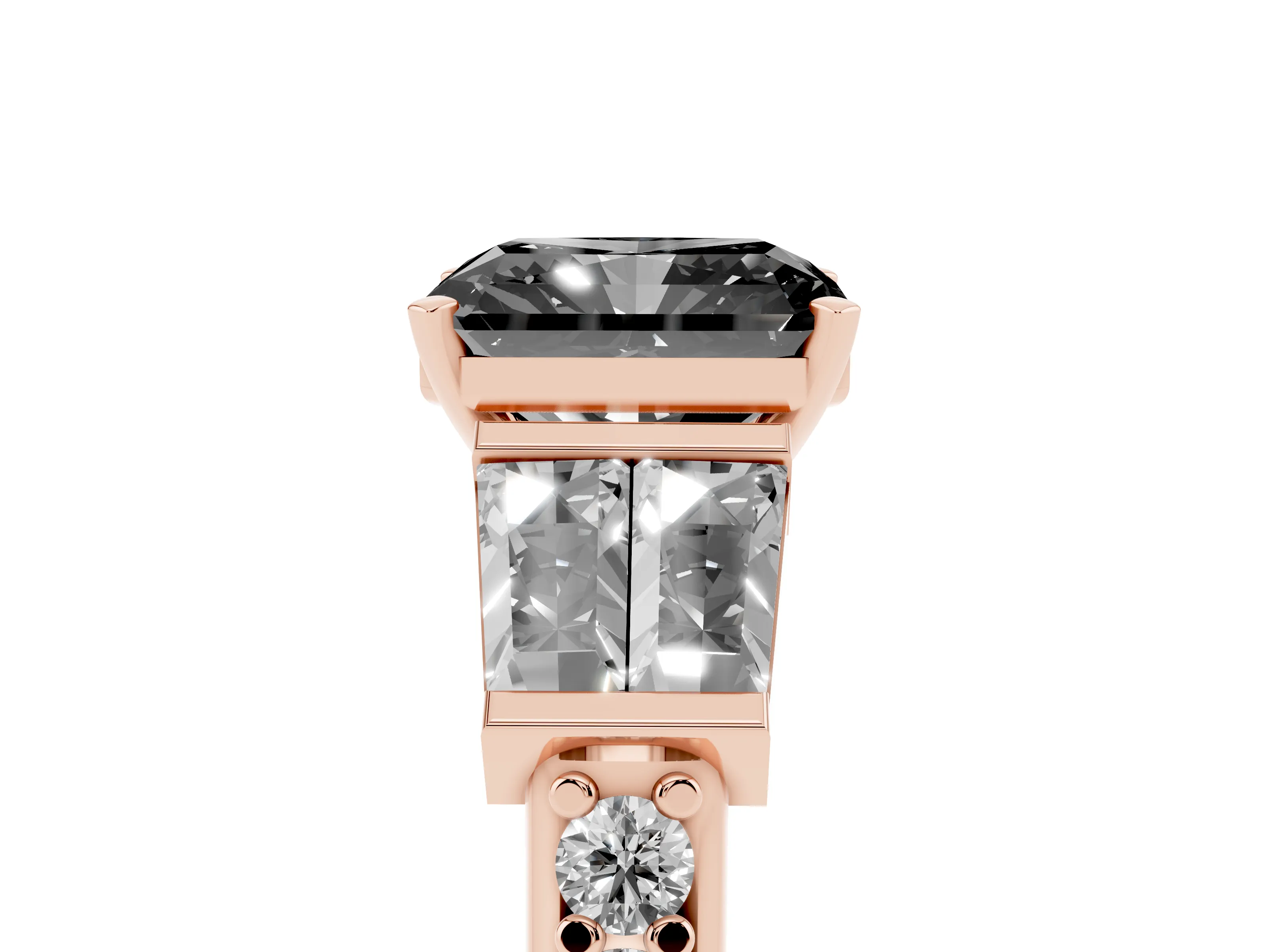 Fancy Black Radiant Cut Diamond Engagement Ring Set in Rose gold with Baguette Side Stones and Channel Set Band