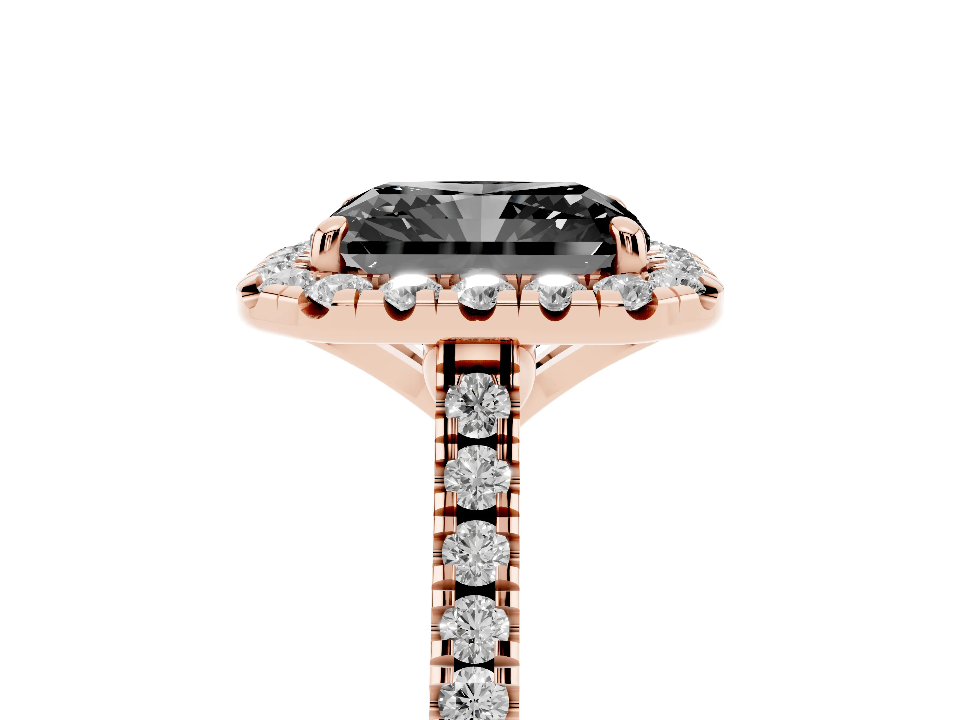 Fancy Black Radiant Cut Diamond Cushion Halo Ring Set in Rose gold with Pavé Band