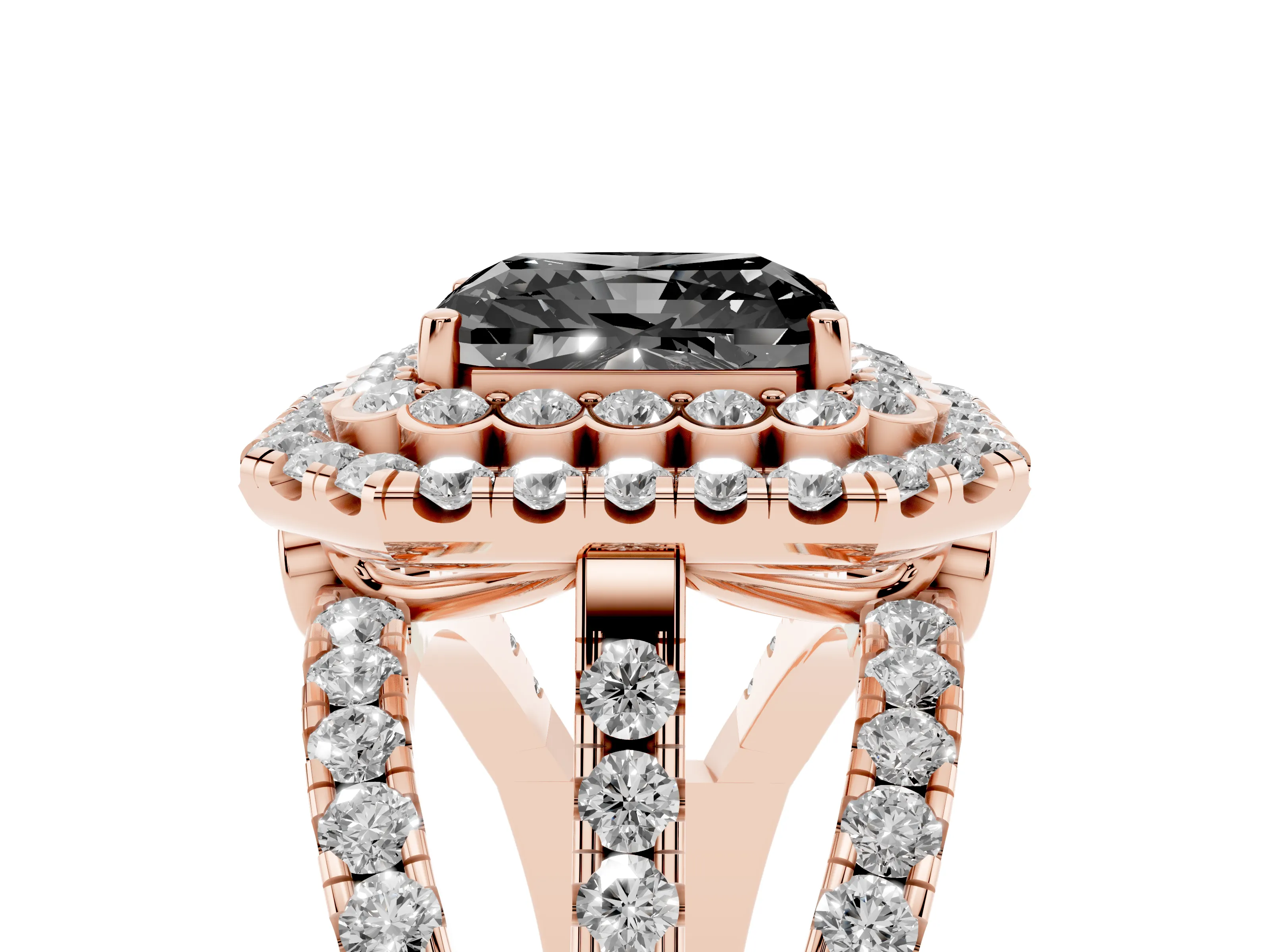 Fancy Black Radiant Cut Diamond Double Halo Ring Set in Rose gold with Round Pavé Split Shank