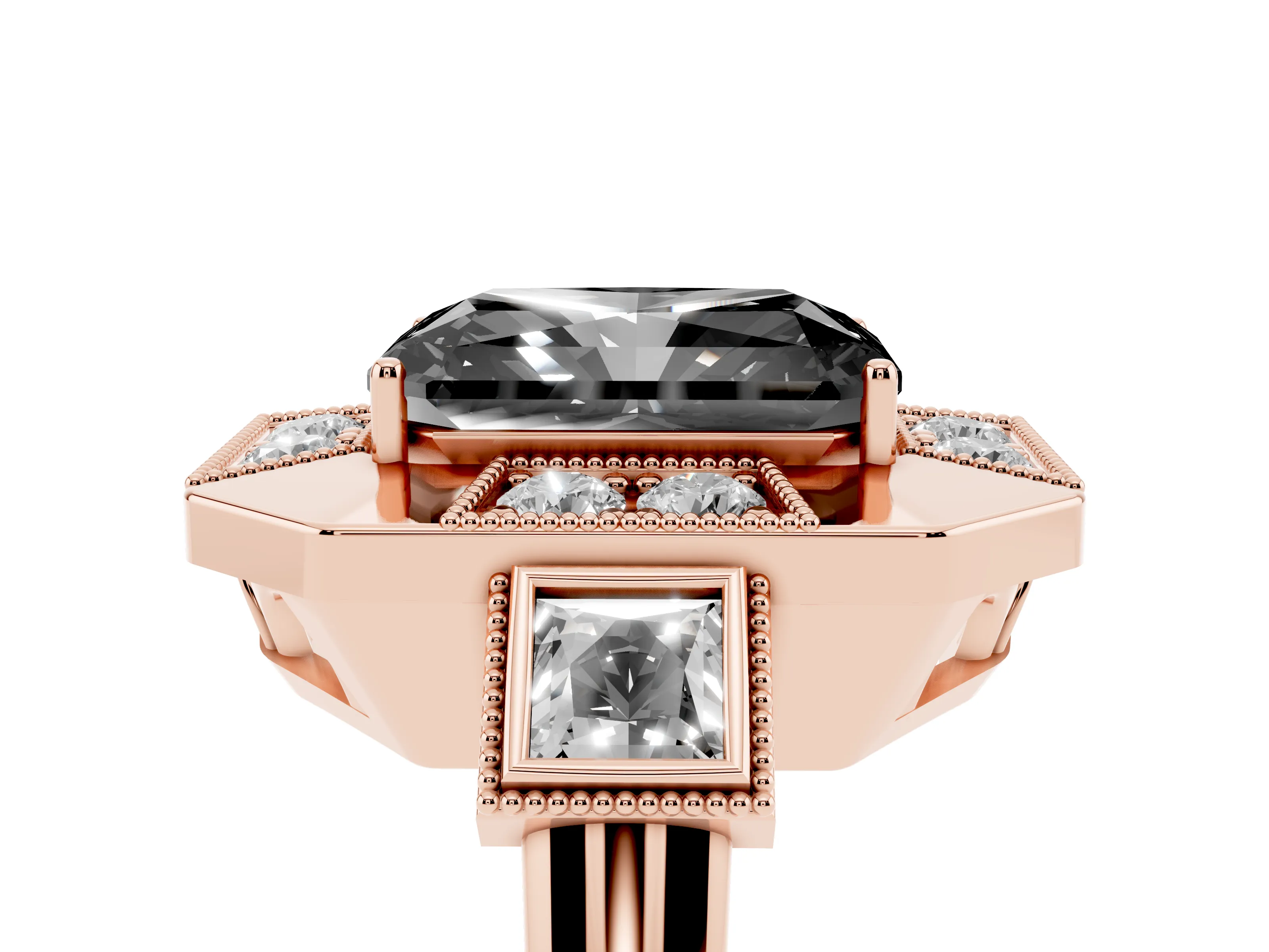 Fancy Black Radiant Cut Diamond Milgrain Halo Ring Set in Rose gold with Split Shank