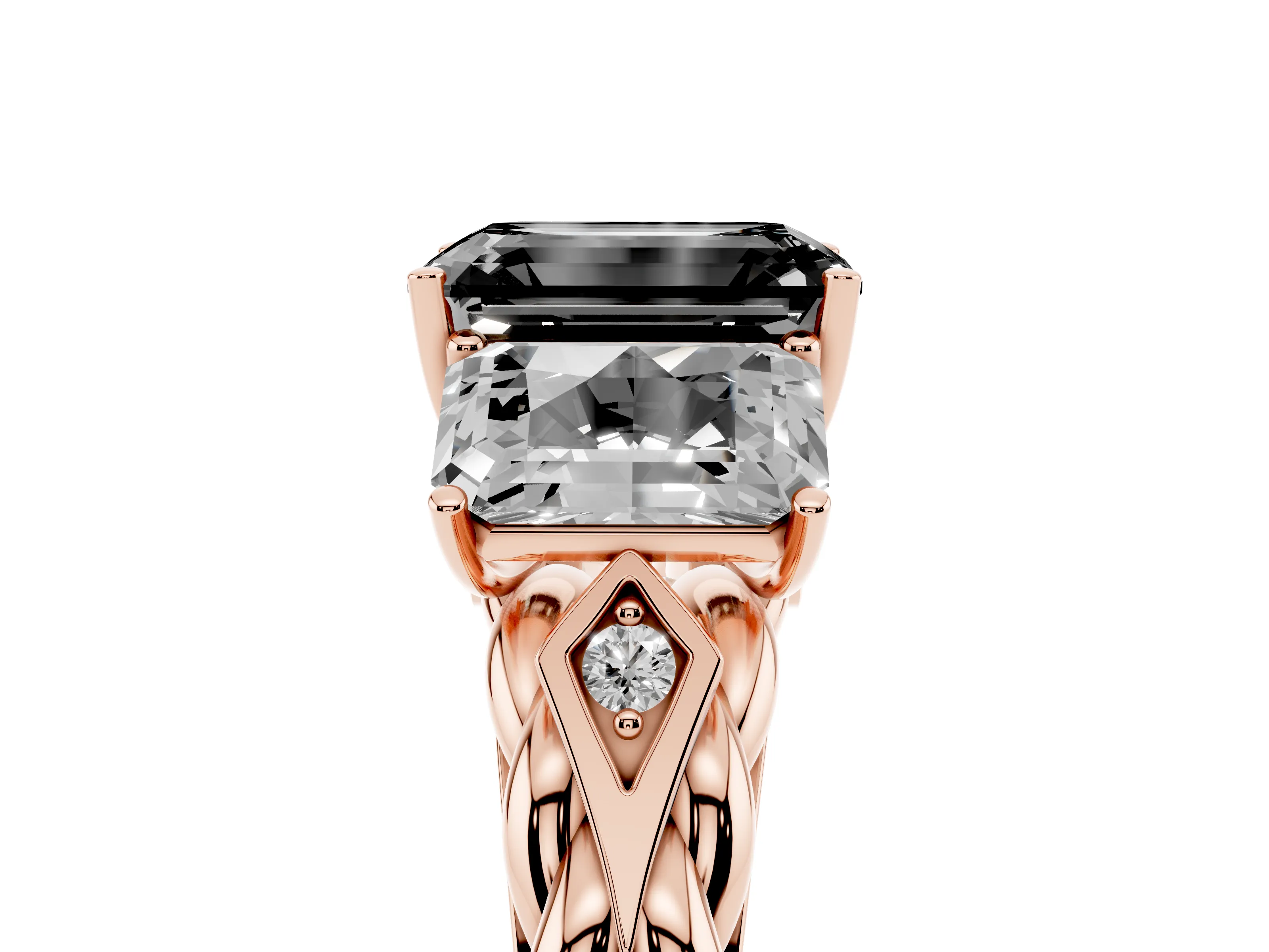 Fancy Black Radiant Cut Diamond Three-Stone Ring Set in Rose gold with Braided Band