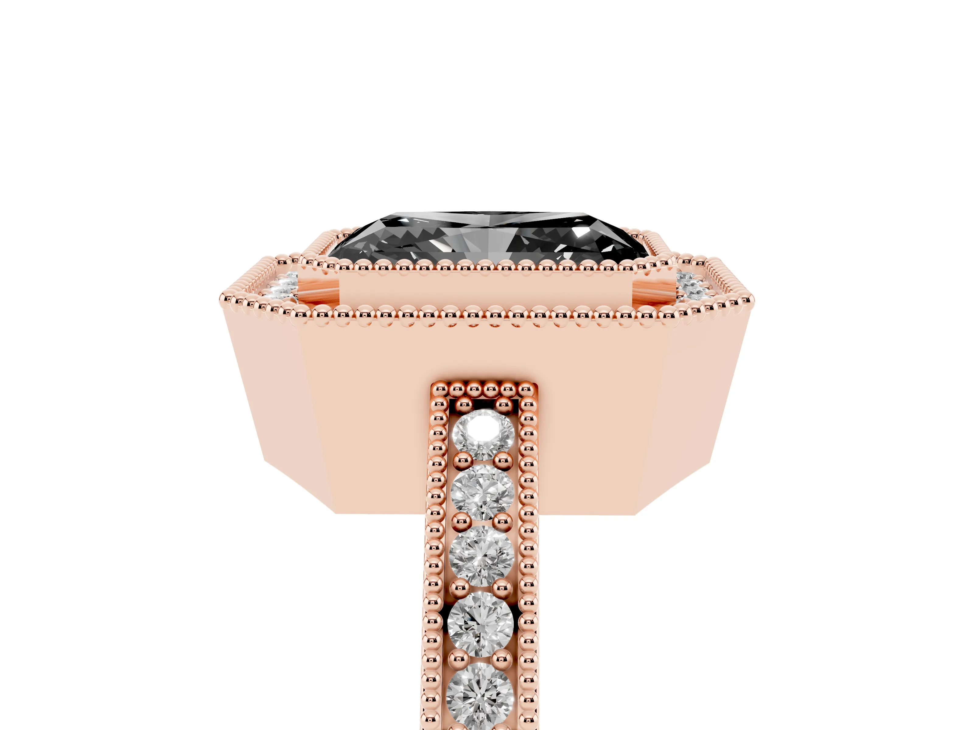 Fancy Black Radiant Cut Diamond Round Halo Ring Set in Rose gold with Pavé Band