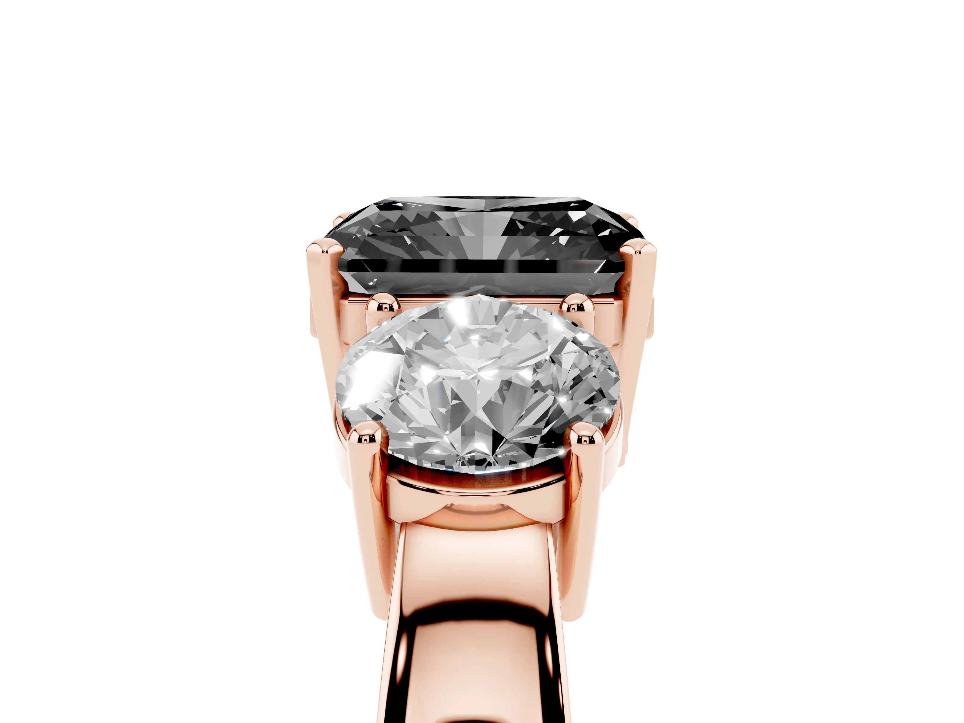 Fancy Black Radiant Cut Diamond Three-Stone Ring Set in Rose gold with Round Side Stones and Classic Band