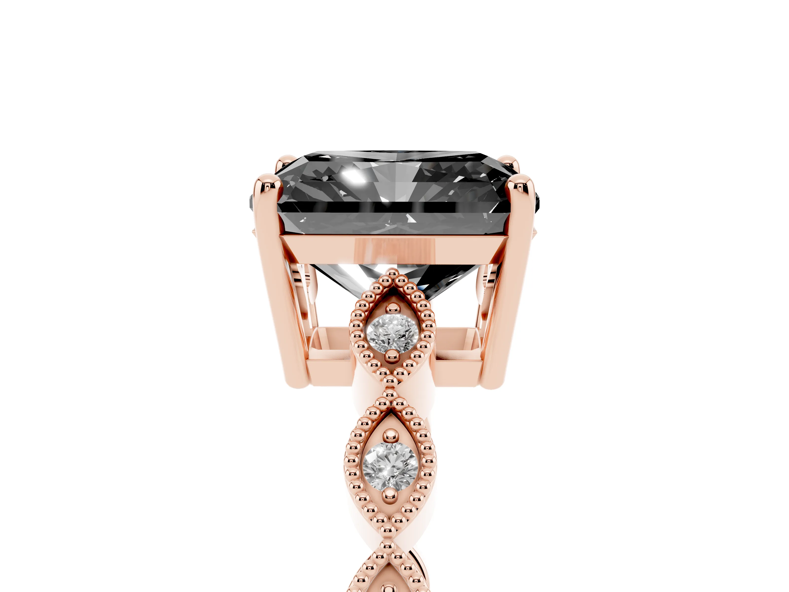 Fancy Black Radiant Cut Diamond Solitaire Ring Set in Rose gold with Infinity Twist Pavé Band