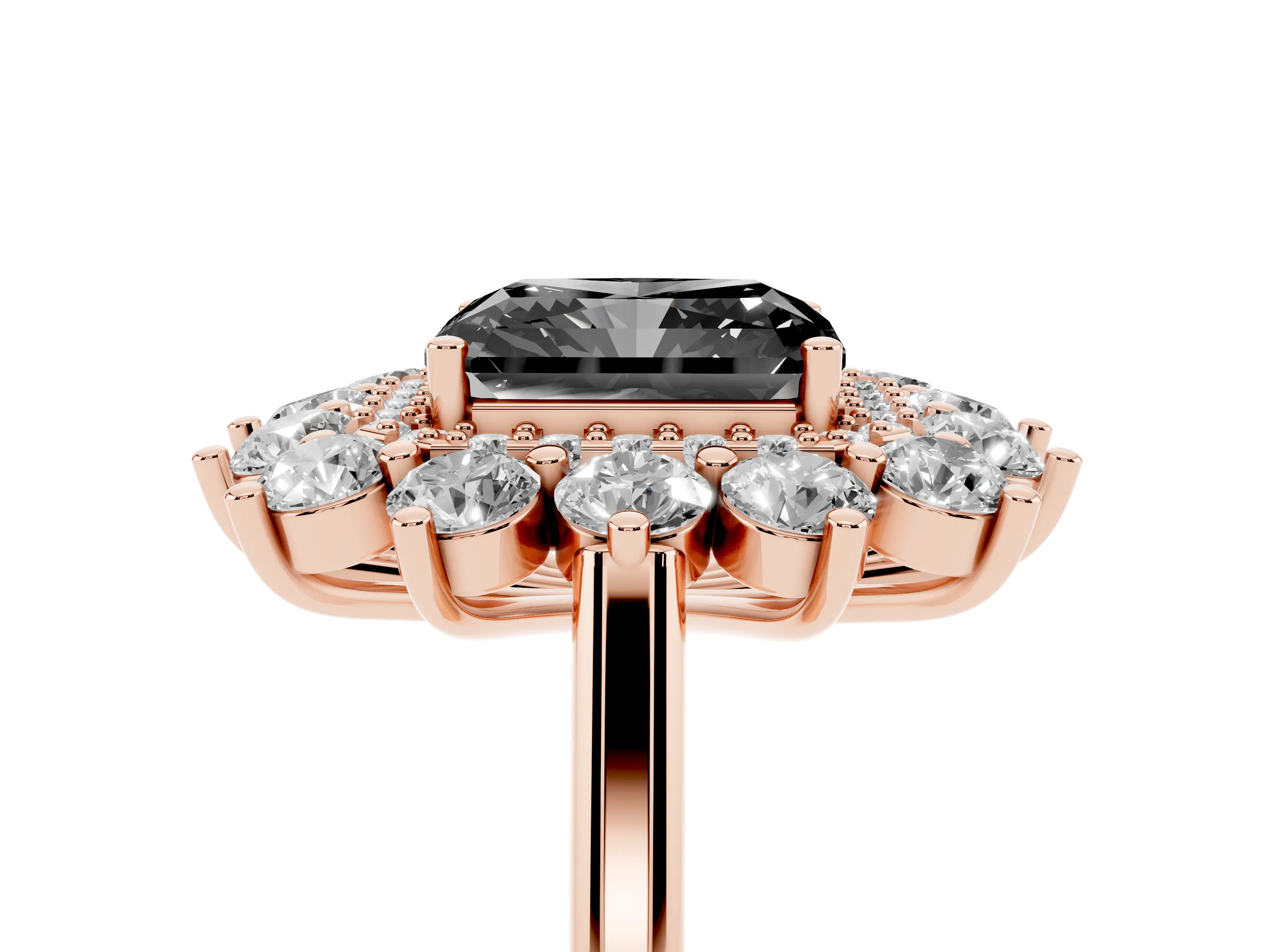 Fancy Black Radiant Cut Diamond Floral Double Halo Ring Set in Rose gold with Round Petals