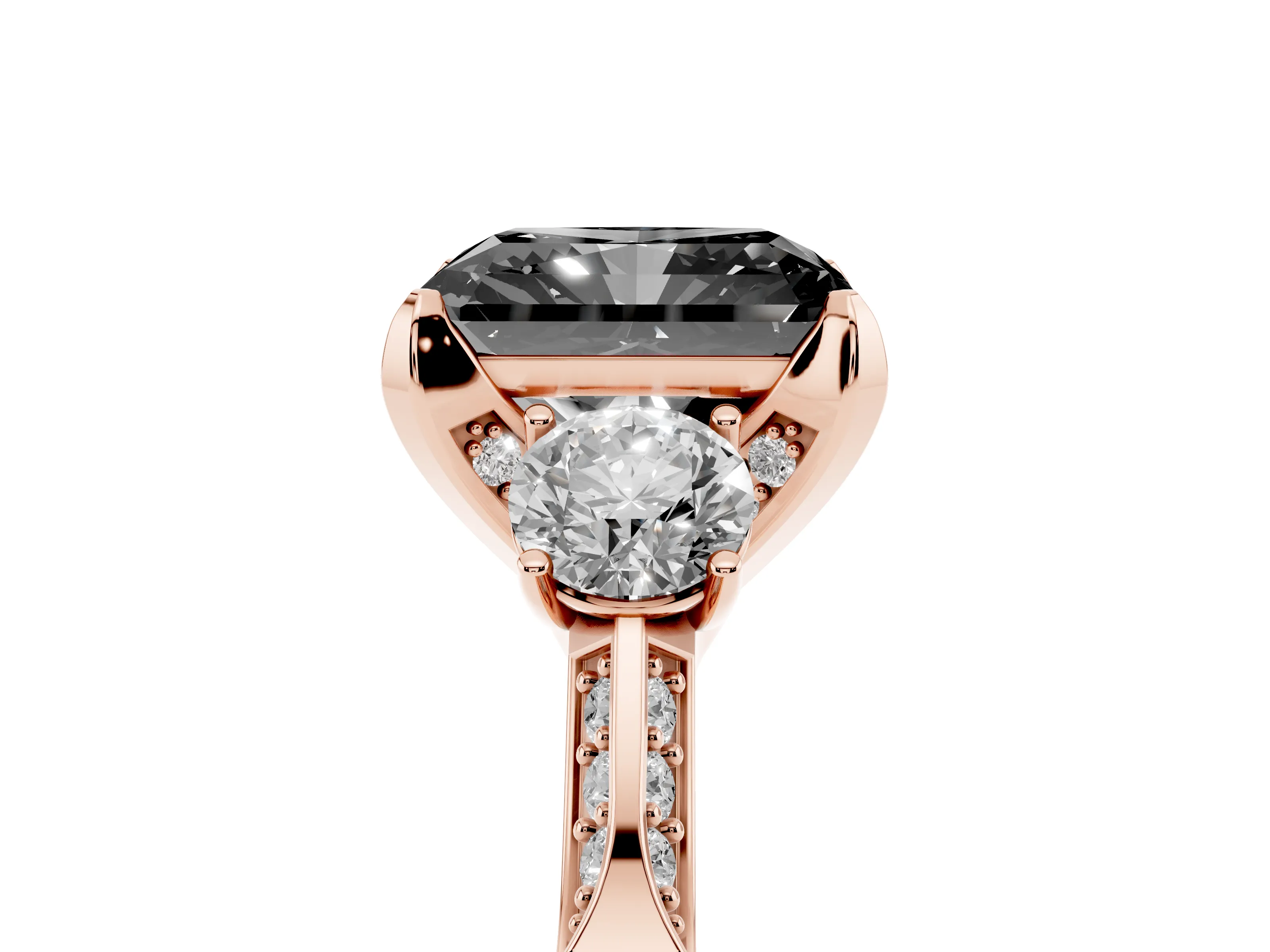 Fancy Black Radiant Cut Diamond Three-Stone Ring Set in Rose gold with Pavé Band and Smaller Side Stones