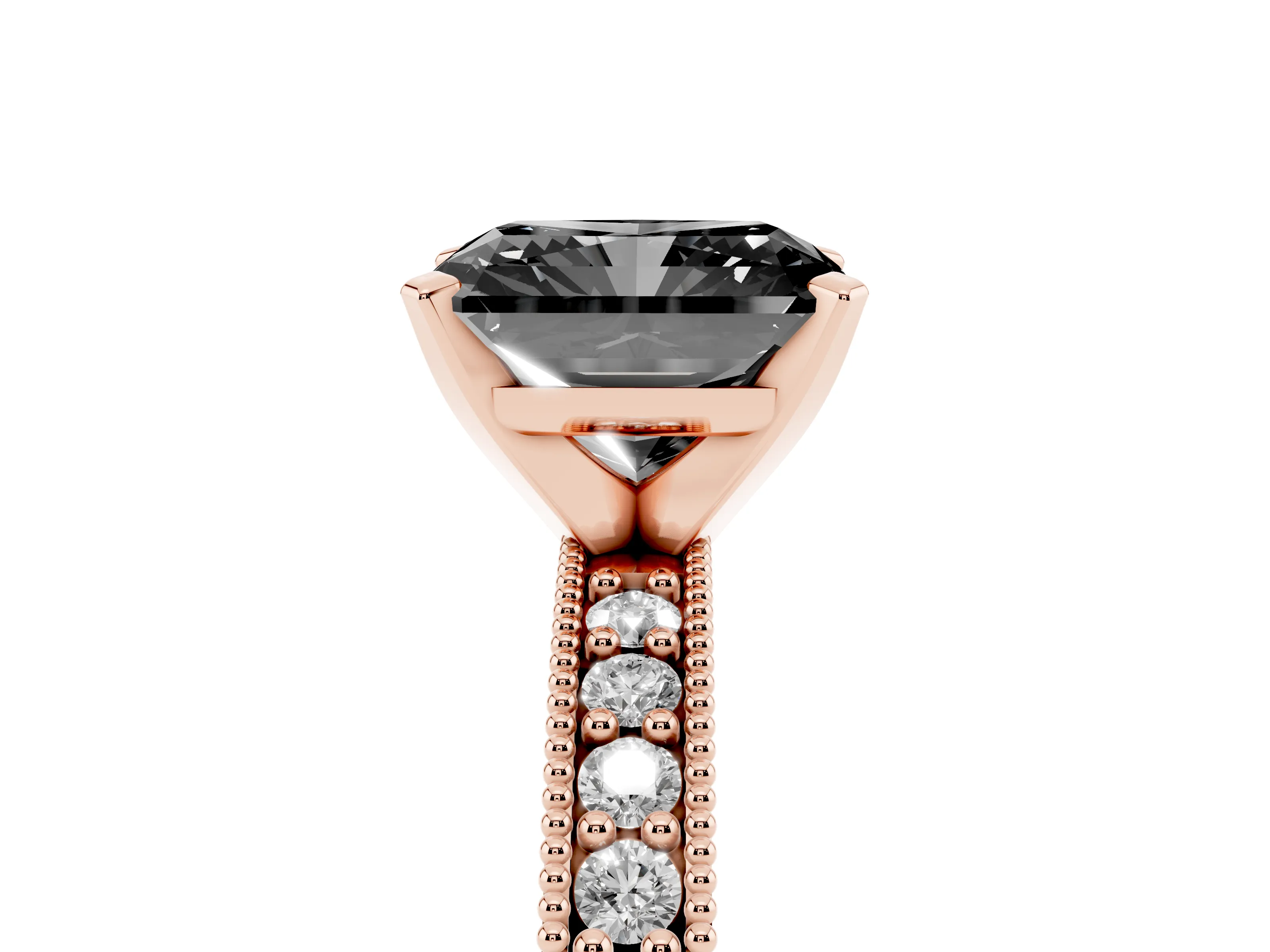 Fancy Black Radiant Cut Diamond Milgrain Pavé Engagement Ring Set in Rose gold with Prong Setting