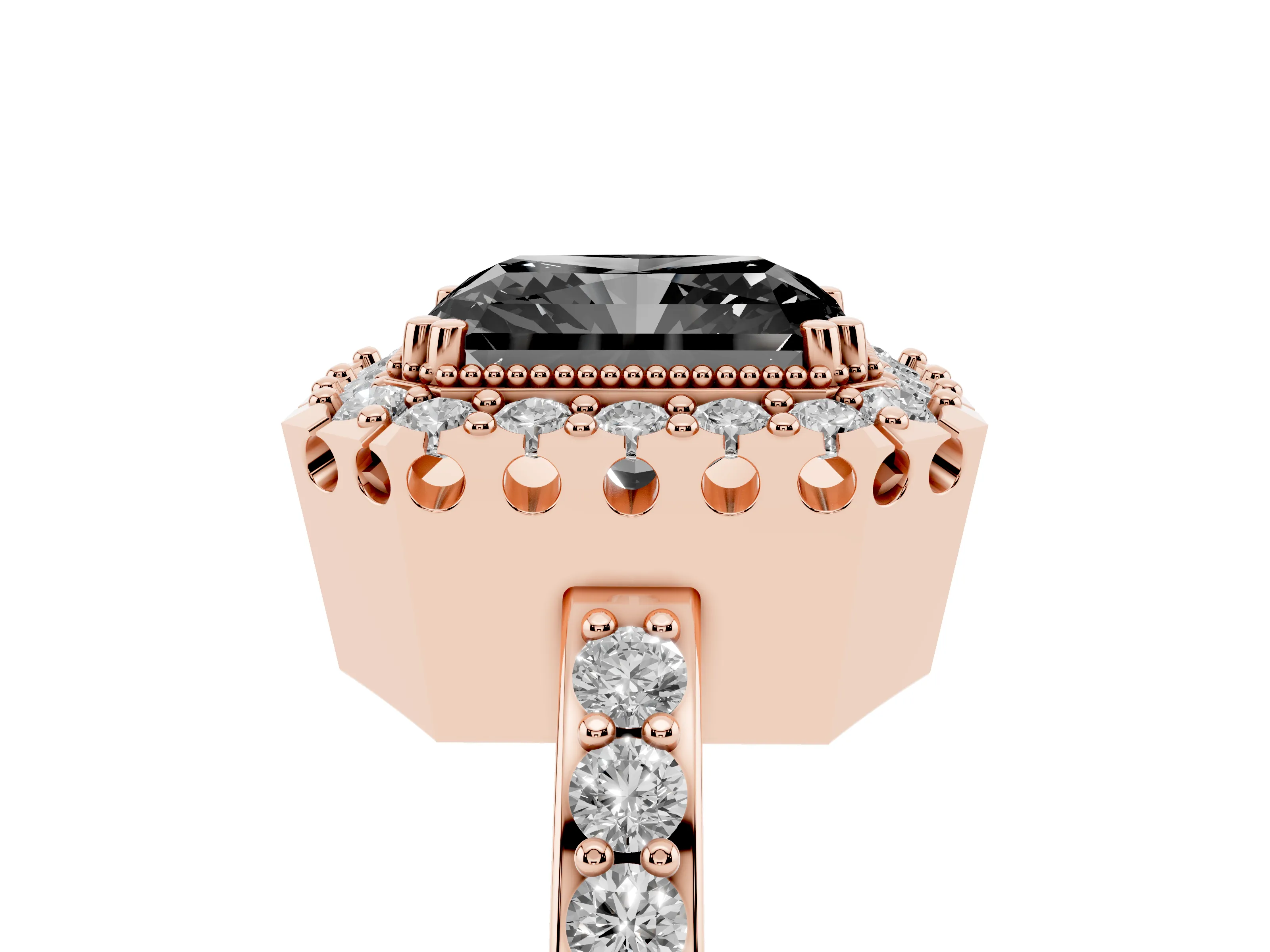 Fancy Black Radiant Cut Diamond Halo Ring Set in Rose gold with Pavé Shank and Prong Setting