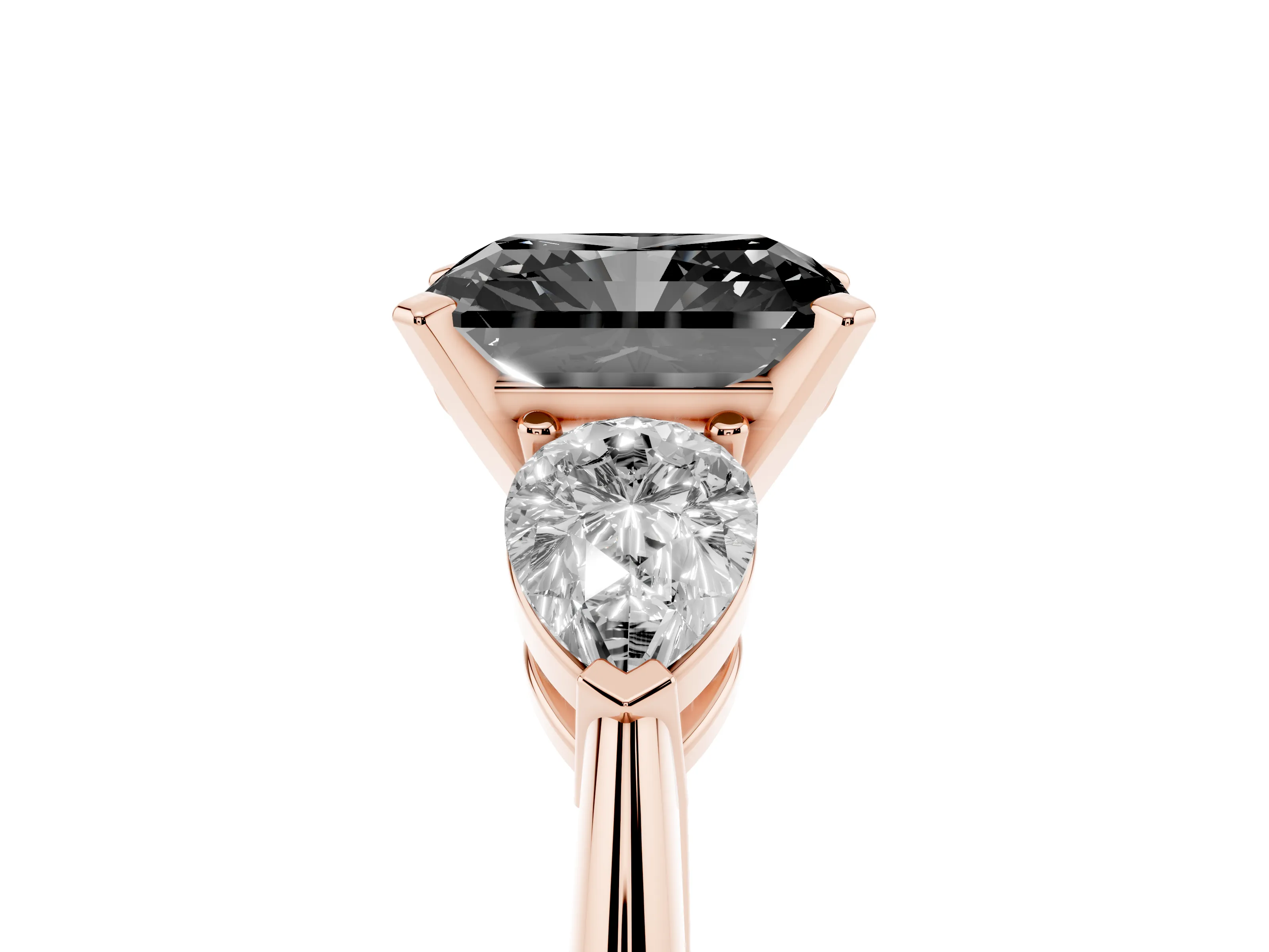 Fancy Black Three-Stone Radiant Cut Diamond Ring Set in Rose gold with Pear Side Stones and Prong Setting