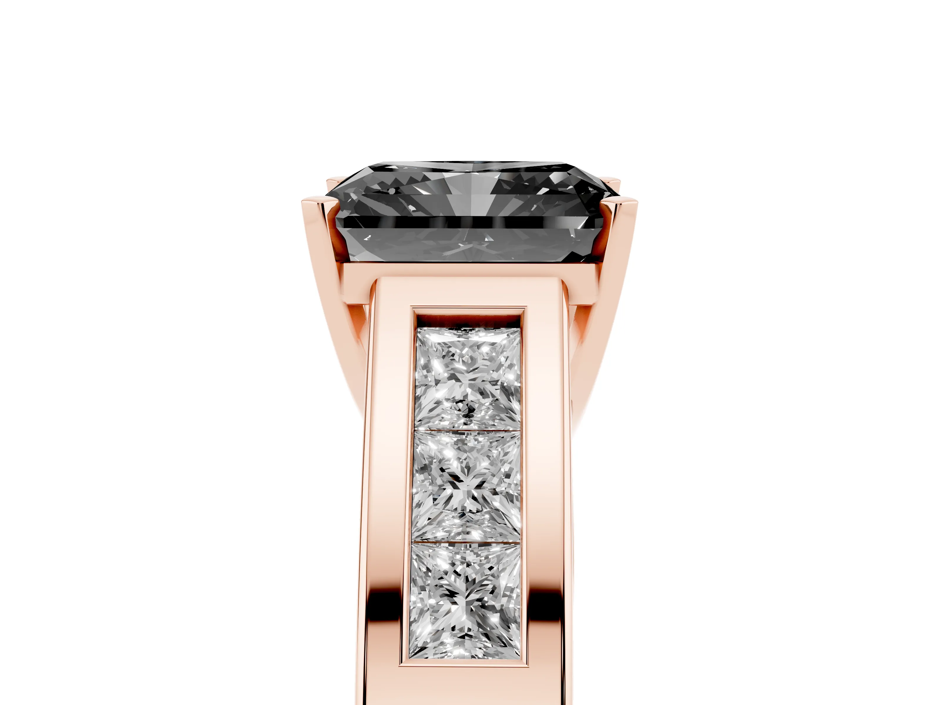 Fancy Black Radiant Cut Diamond Solitaire Ring Set in Rose gold with Channel-Set Accent Stones and Prong Setting