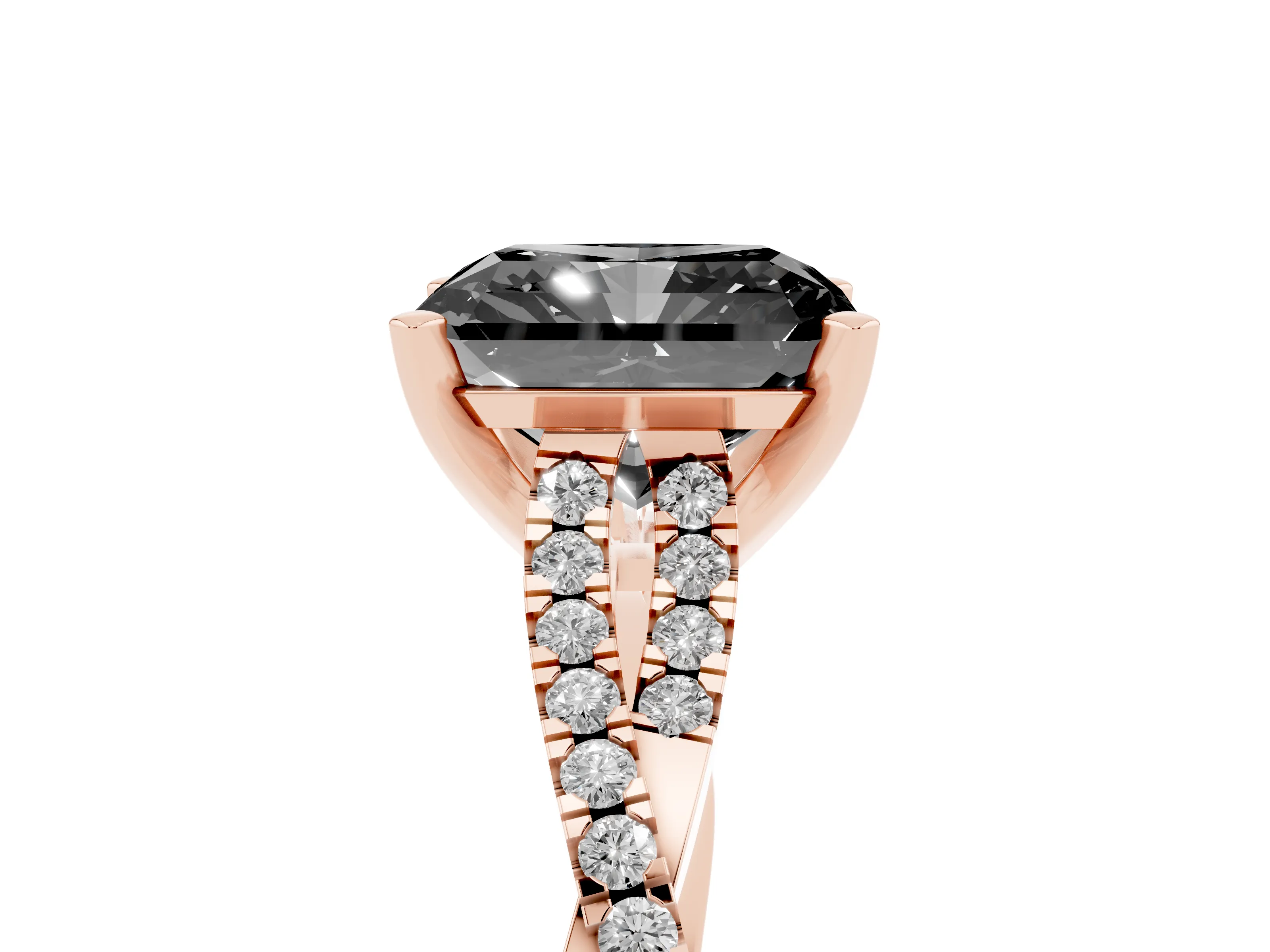 Fancy Black Radiant Cut Diamond Solitaire Engagement Ring Set in Rose gold with Twisted Pavé Band and Prong Setting