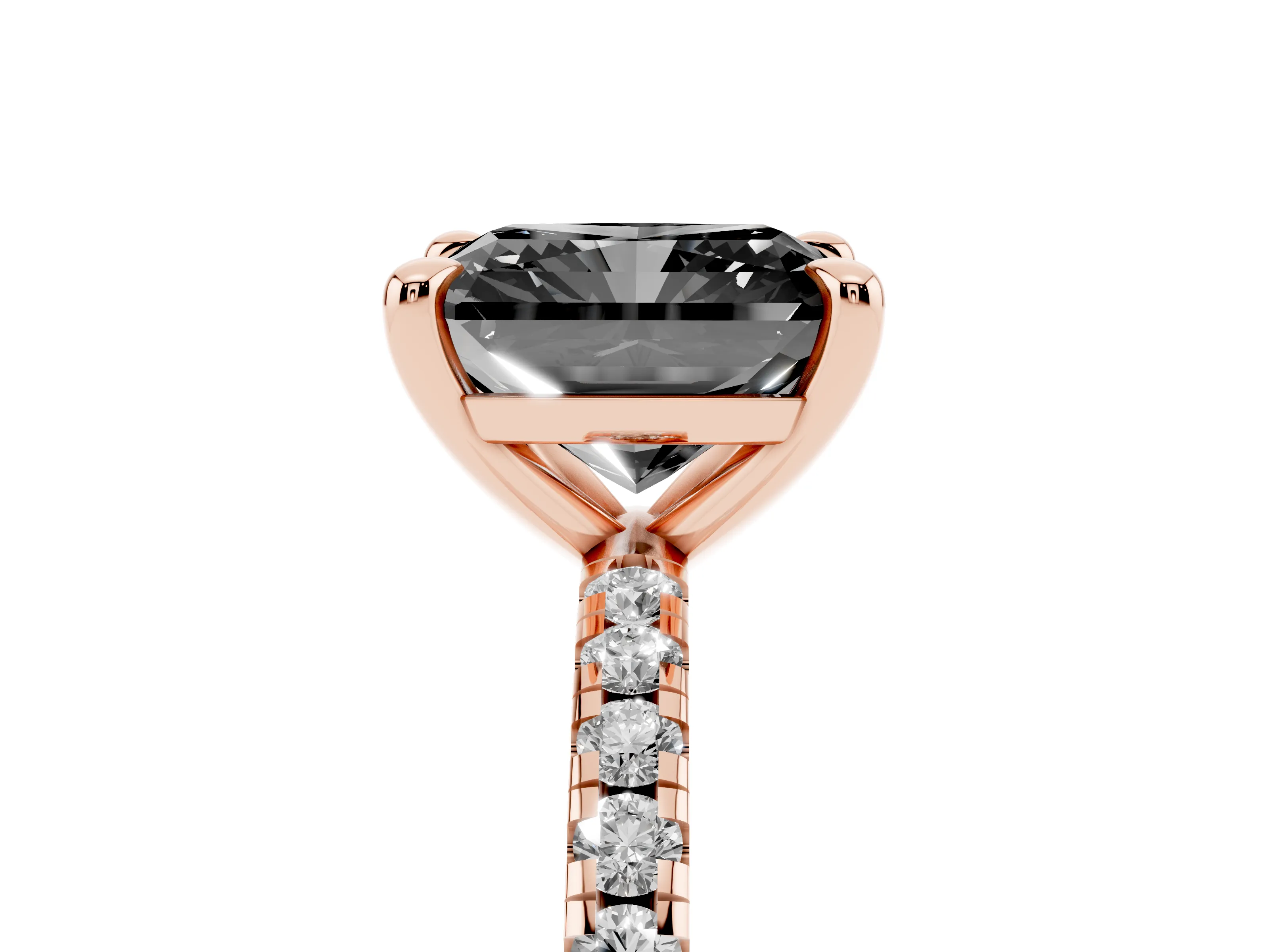 Fancy Black Radiant Cut Diamond Brilliant Solitaire Ring Set in Rose gold with Pavé Band and Prong Setting