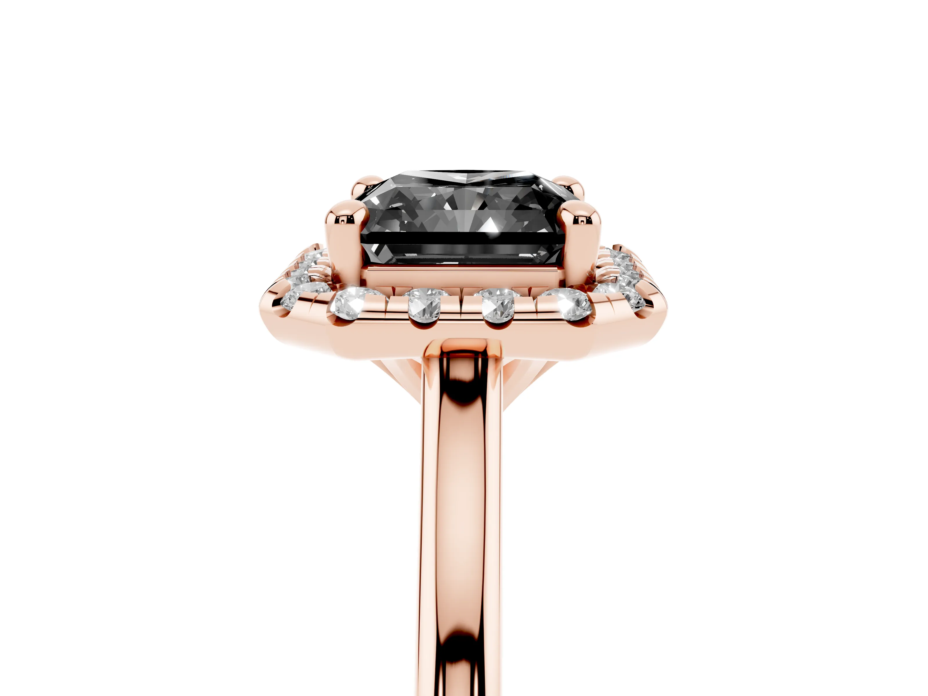 Fancy Black Radiant Cut Diamond Halo Engagement Ring Set in Rose gold with Pavé Band and Rising Shoulders