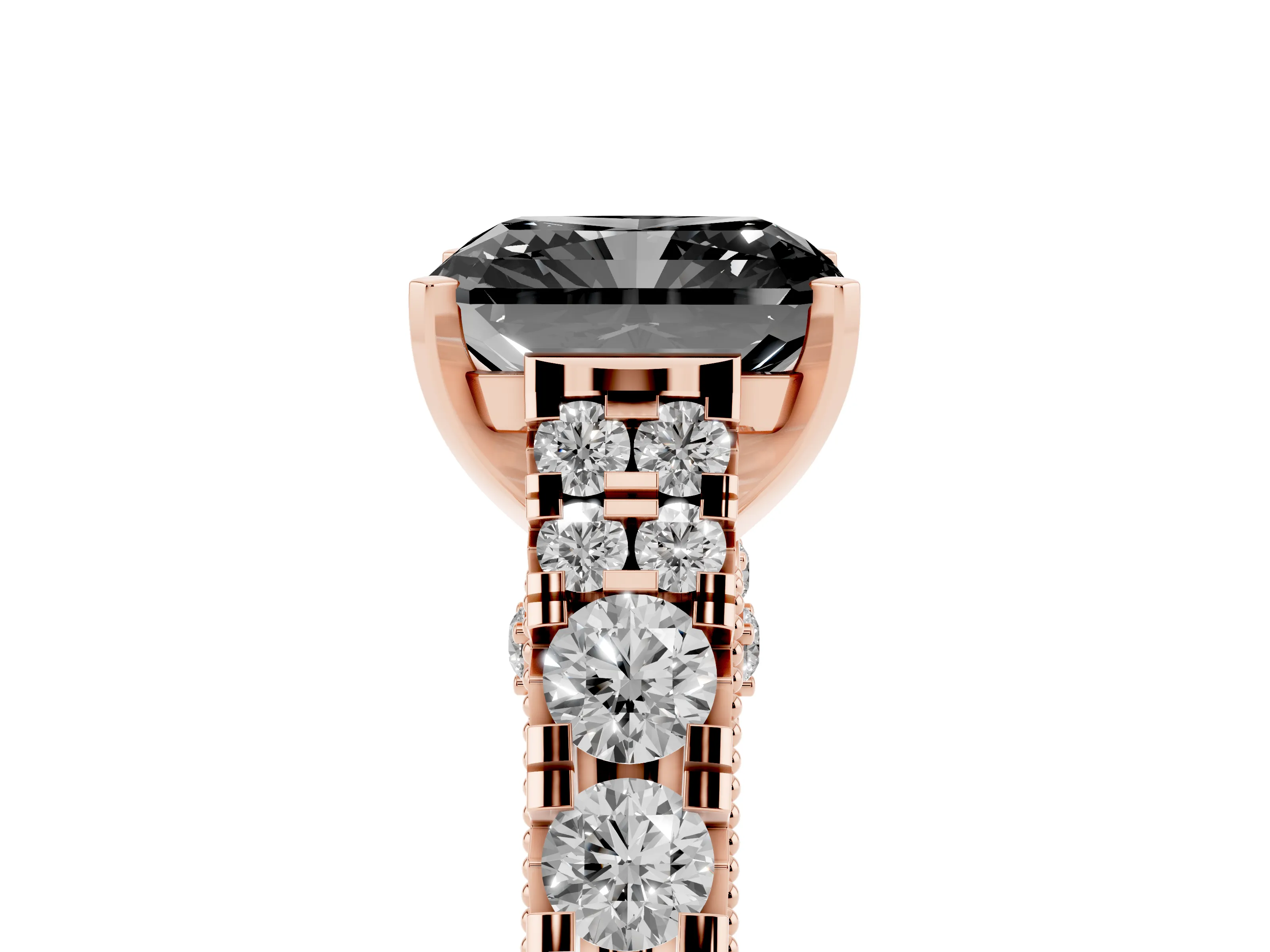 Fancy Black Radiant Cut Diamond Classic Solitaire Ring Set in Rose gold with Pavé Band and Prong Setting