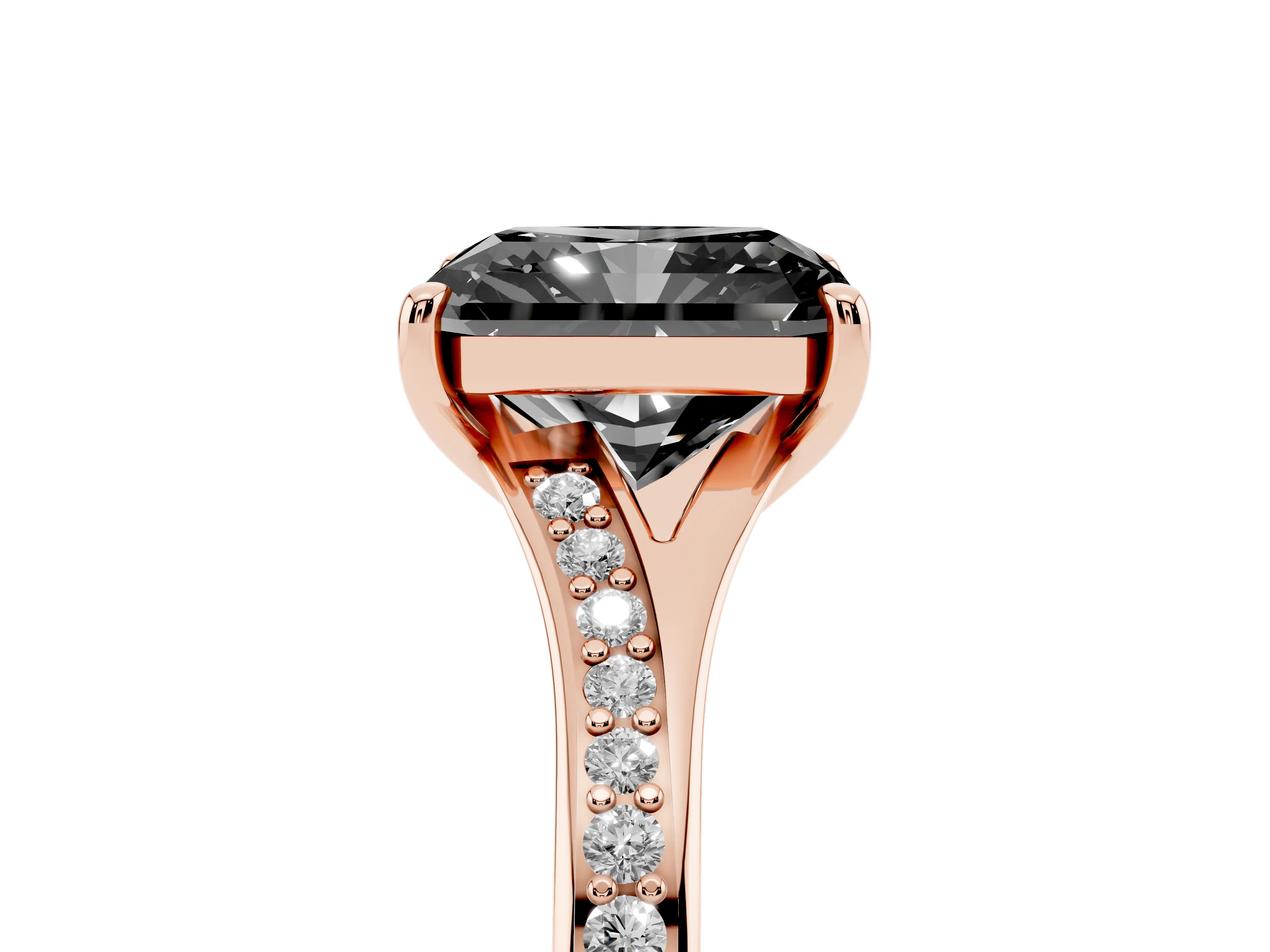 Fancy Black Radiant Cut Diamond Solitaire Ring Set in Rose gold with Pavé Accent Band and Classic Prong Setting