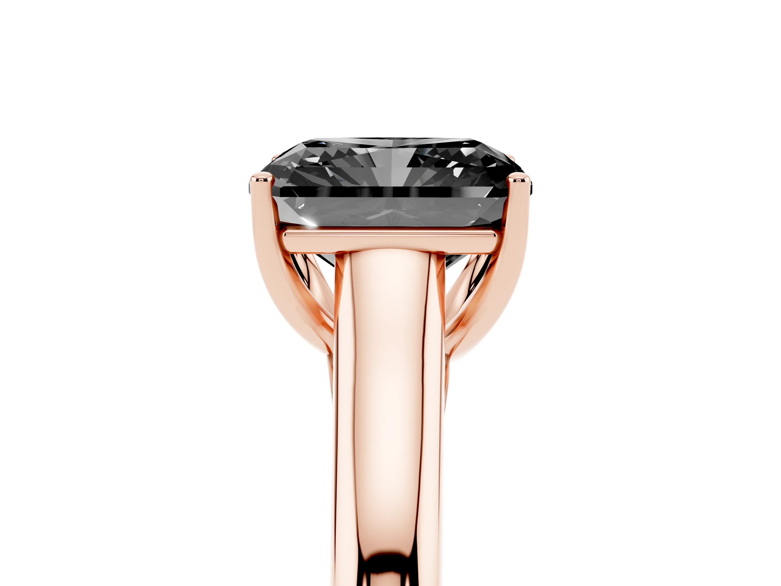 Fancy Black Radiant Cut Diamond Solitaire Engagement Ring Set in Rose gold with Subtly Tapered Band and Prong Setting