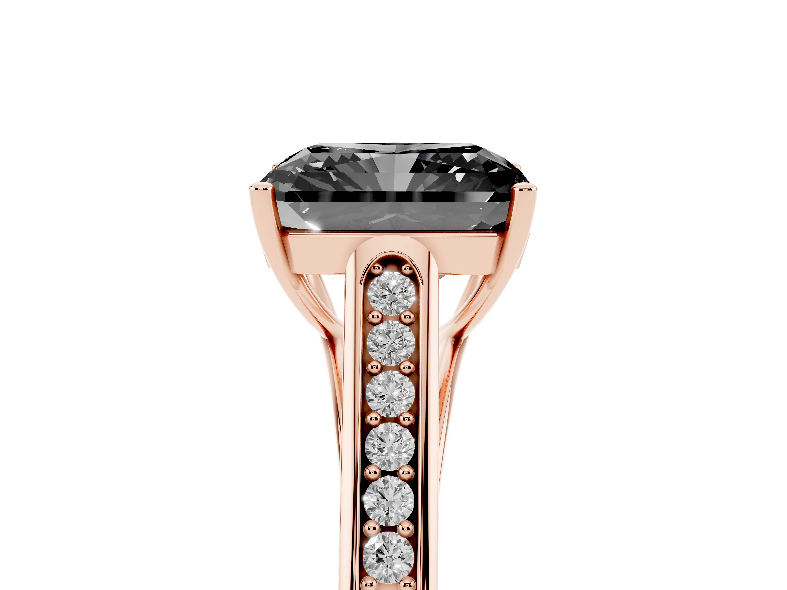 Fancy Black Radiant Cut Diamond Solitaire Cathedral Engagement Ring Set in Rose gold with Channel-Set Band and Prong Setting